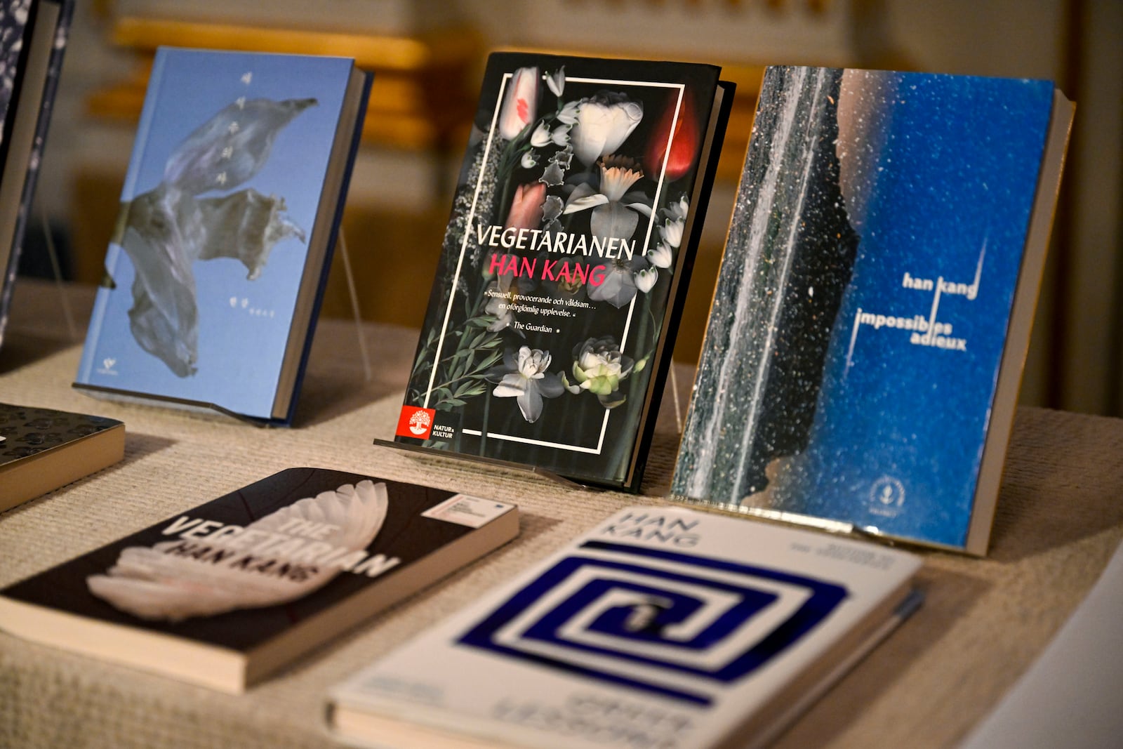 Books by the South Korean writer Han Kang displayed at the Swedish Academy in Stockholm, Thursday, Oct. 10, 2024. Kang has been awarded the Nobel Prize for Literature. (Jessica Gow/TT News Agency via AP)