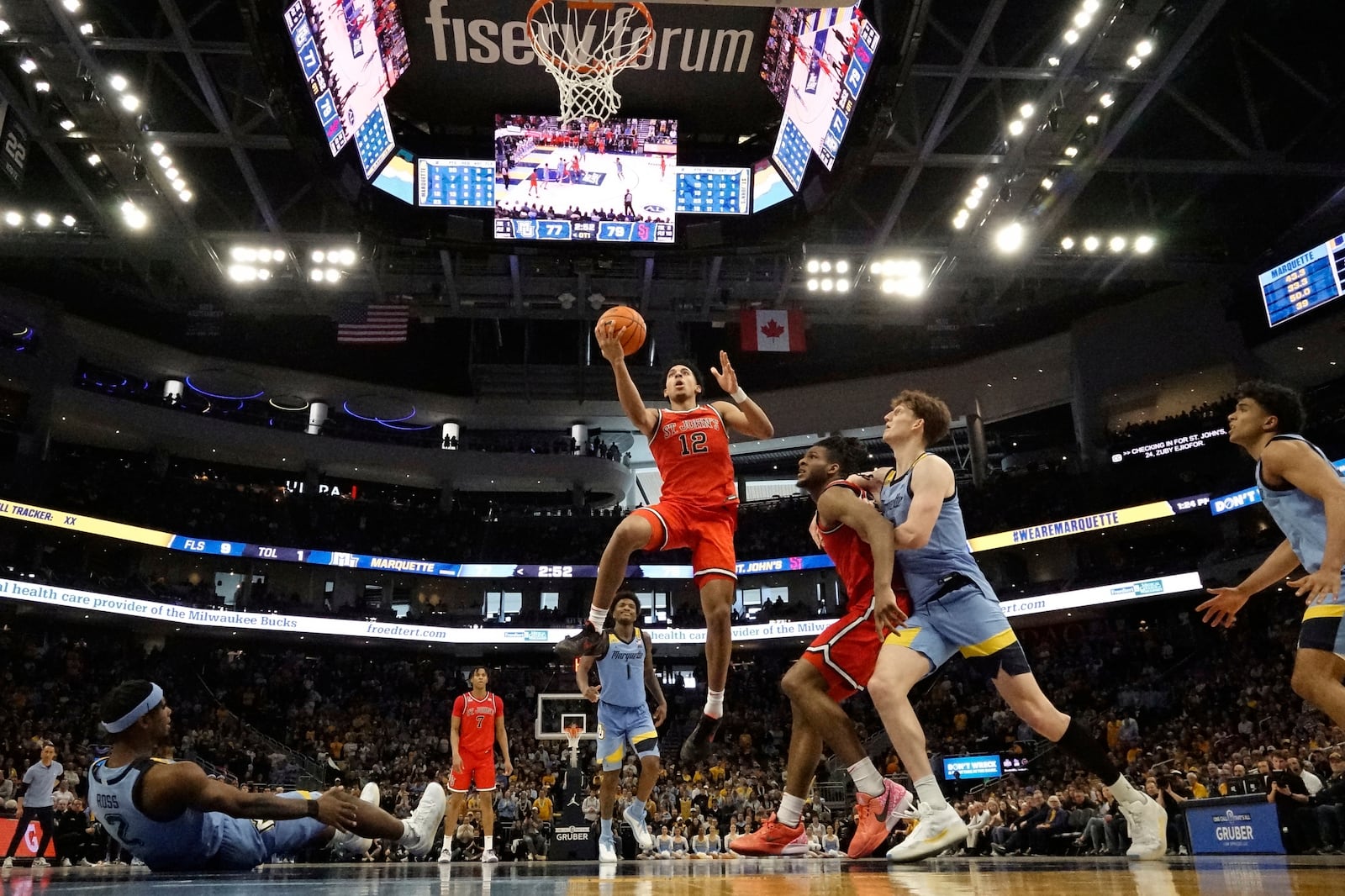 St. John's's RJ Luis Jr. shoots during the second half of an NCAA college basketball game Saturday, March 8, 2025, in Milwaukee. (AP Photo/Morry Gash)