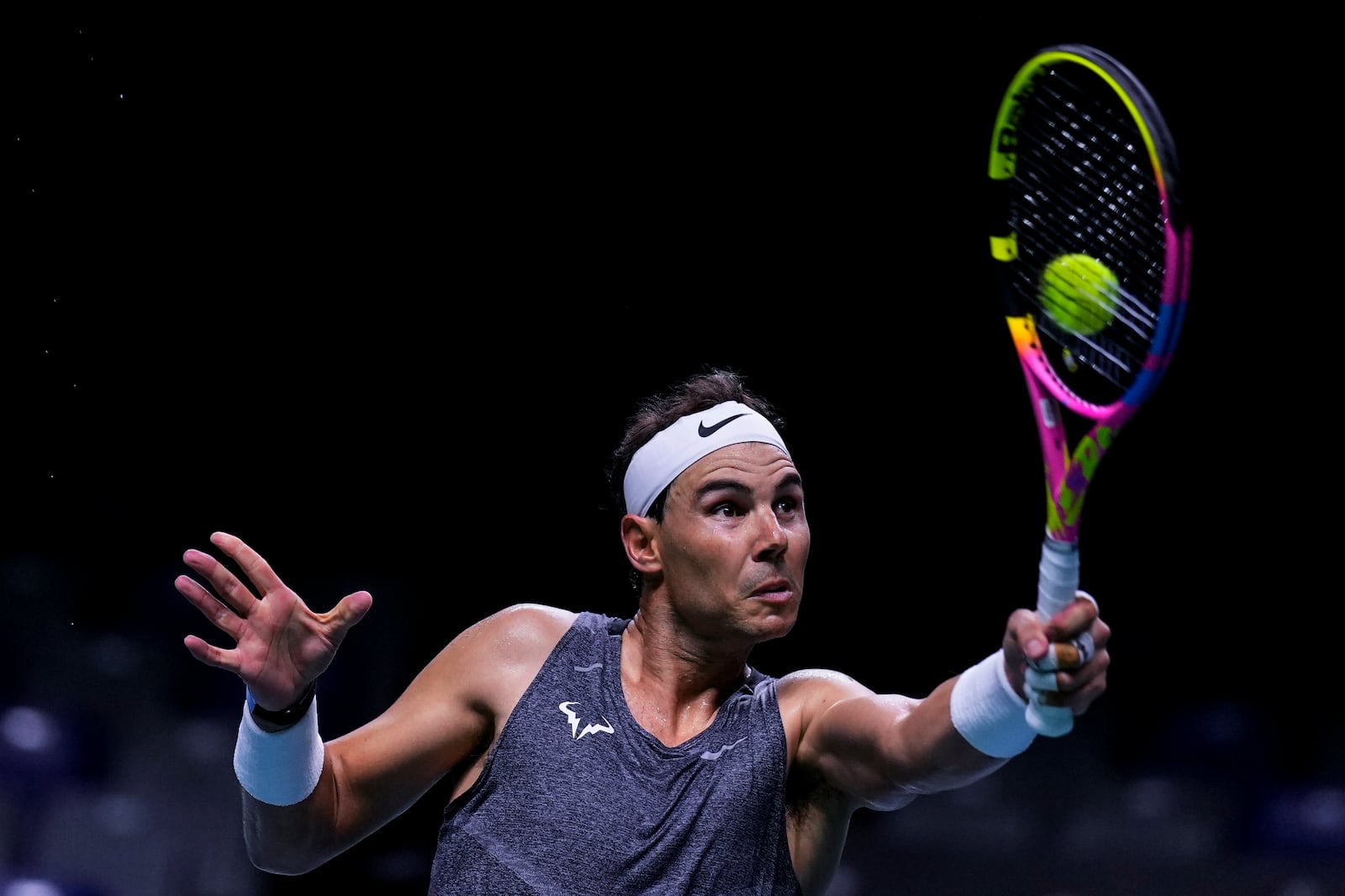 Spain's tennis player Rafael Nadal returns the ball during a training session at the Martin Carpena Sports Hall, in Malaga, southern Spain, on Saturday, Nov. 16, 2024. (AP Photo/Manu Fernandez)