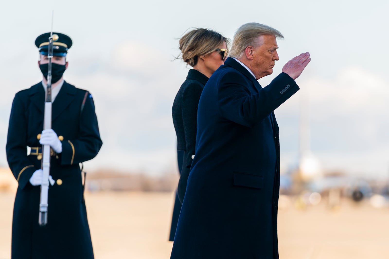 FILE - Deciding to skip President-elect Joe Biden's inauguration, outgoing President Donald Trump and first lady Melania Trump depart Washington en route to his Mar-a-Lago Florida Resort, at Andrews Air Force Base, Md., Jan. 20, 2021. (AP Photo/Manuel Balce Ceneta, File)