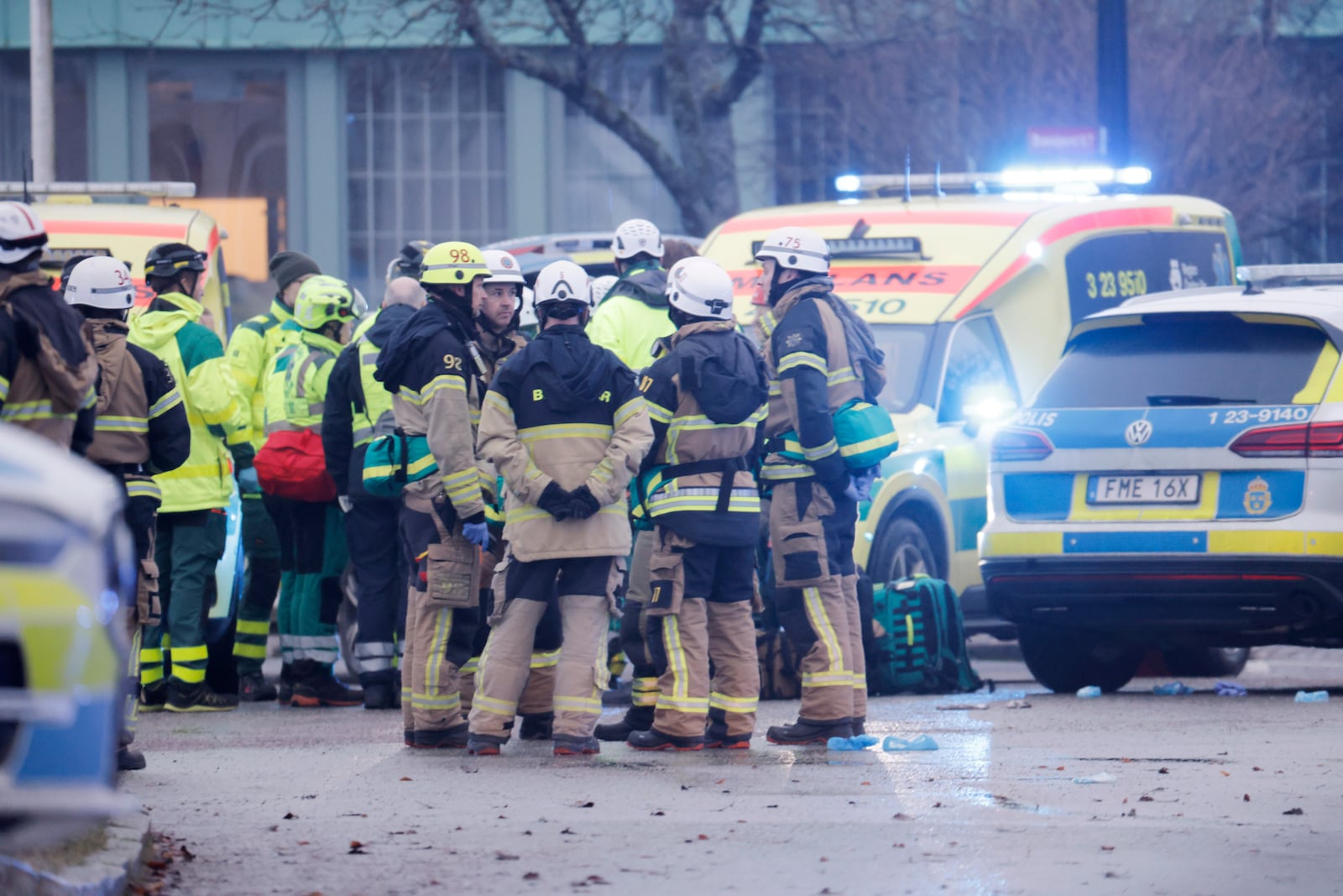 Emergency services at the scene of an incident at Risbergska School, in Örebro, Sweden, Tuesday, Feb. 4, 2025. (Kicki Nilsson/TT News Agency via AP)