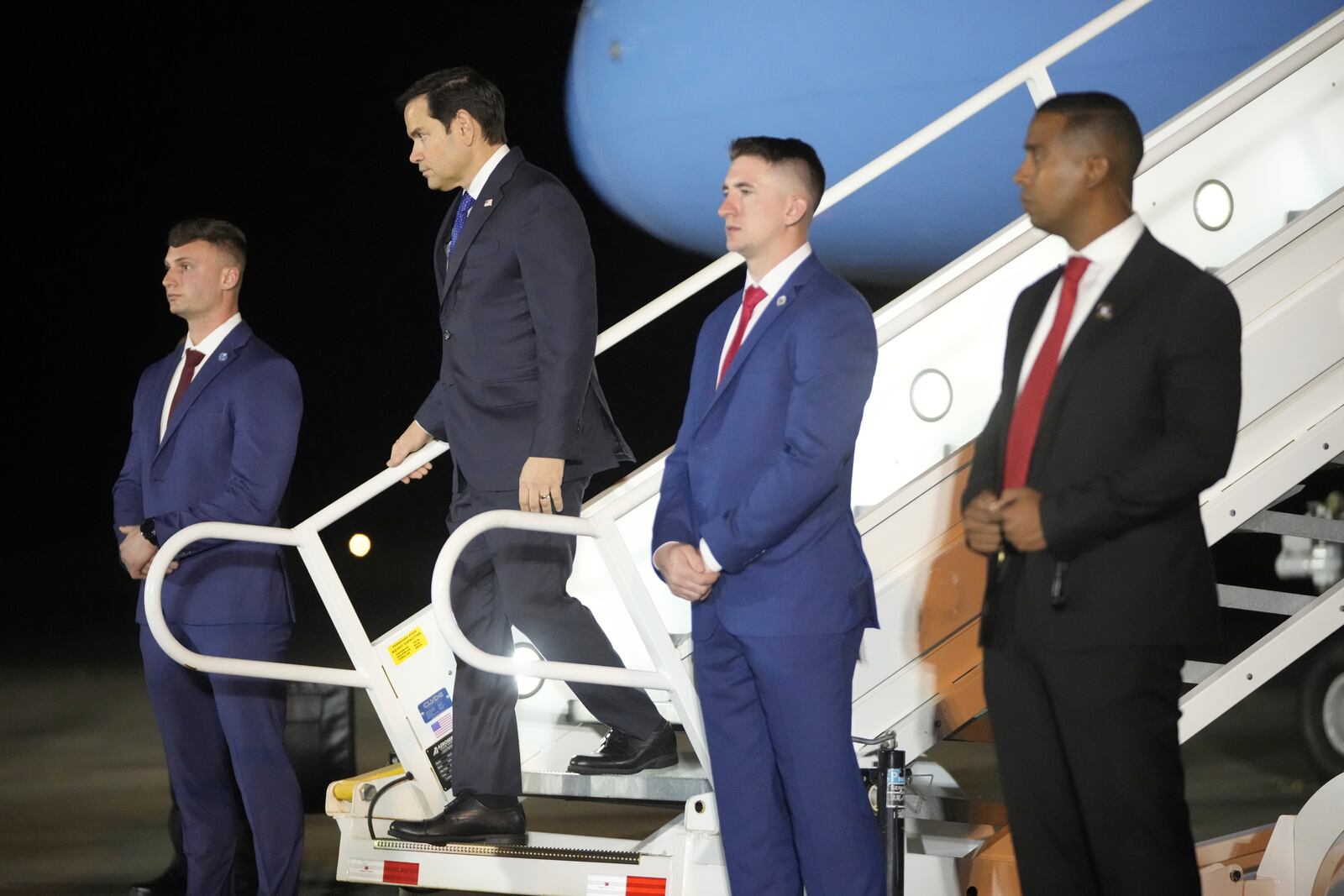 Secretary of State Marco Rubio deplanes at the international in Panama City, Saturday, Feb. 1, 2025. (AP Photo/Mark Schiefelbein, Pool)