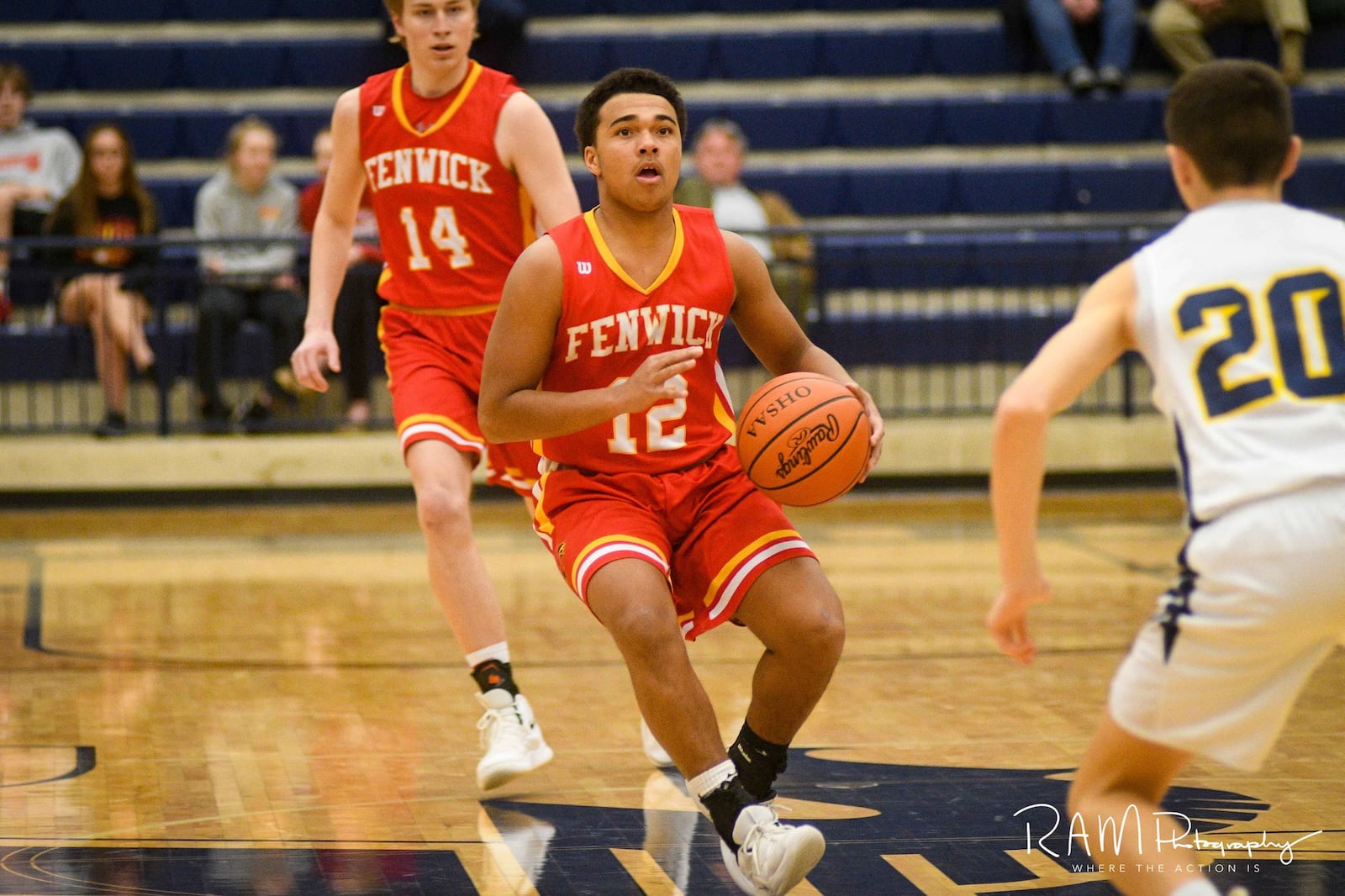 Fenwick’s Jordan Rucker (12) prepares to shoot over Monroe’s Adam Ploeger (20) during Wednesday night’s Division II sectional basketball game at Fairmont’s Trent Arena. Fenwick won 60-39. ROB MCCULLEY/RAM PHOTOGRAPHY