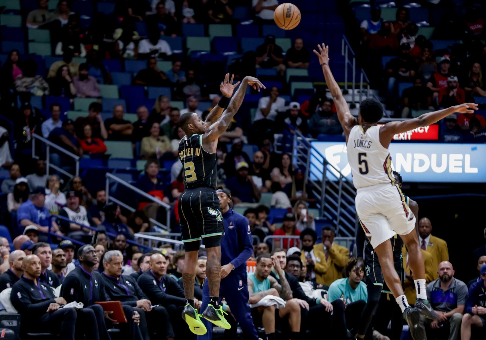 FILE - Charlotte Hornets guard Terry Rozier (3) shoots over New Orleans Pelicans forward Herbert Jones (5) during the first quarter of an NBA basketball game in New Orleans, Thursday, March 23, 2023. (AP Photo/Derick Hingle, File)