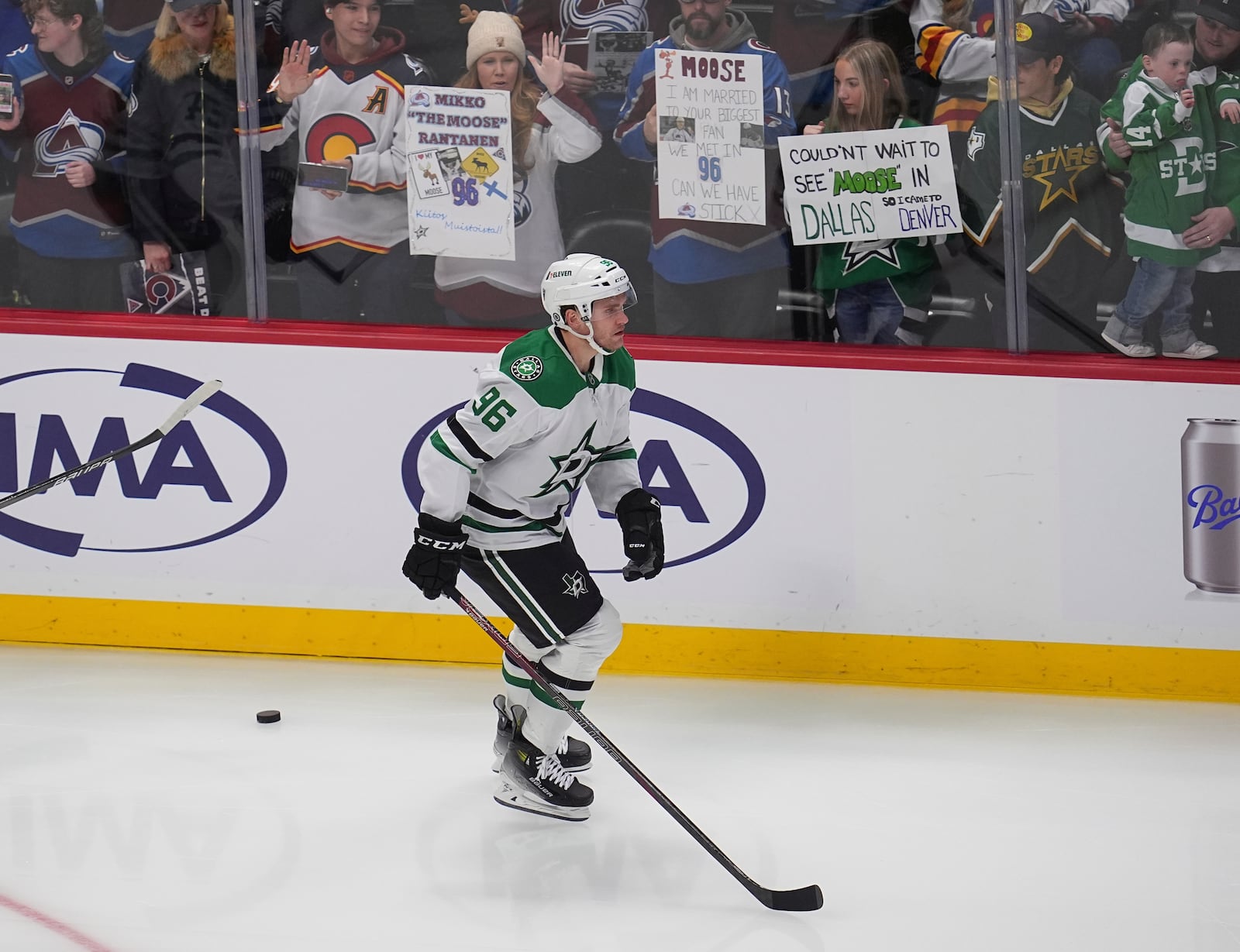 Dallas Stars right wing Mikko Rantanen warms up before an NHL hockey game against his former team, the Colorado Avalanche, Sunday, March 16, 2025, in Denver. (AP Photo/David Zalubowski)