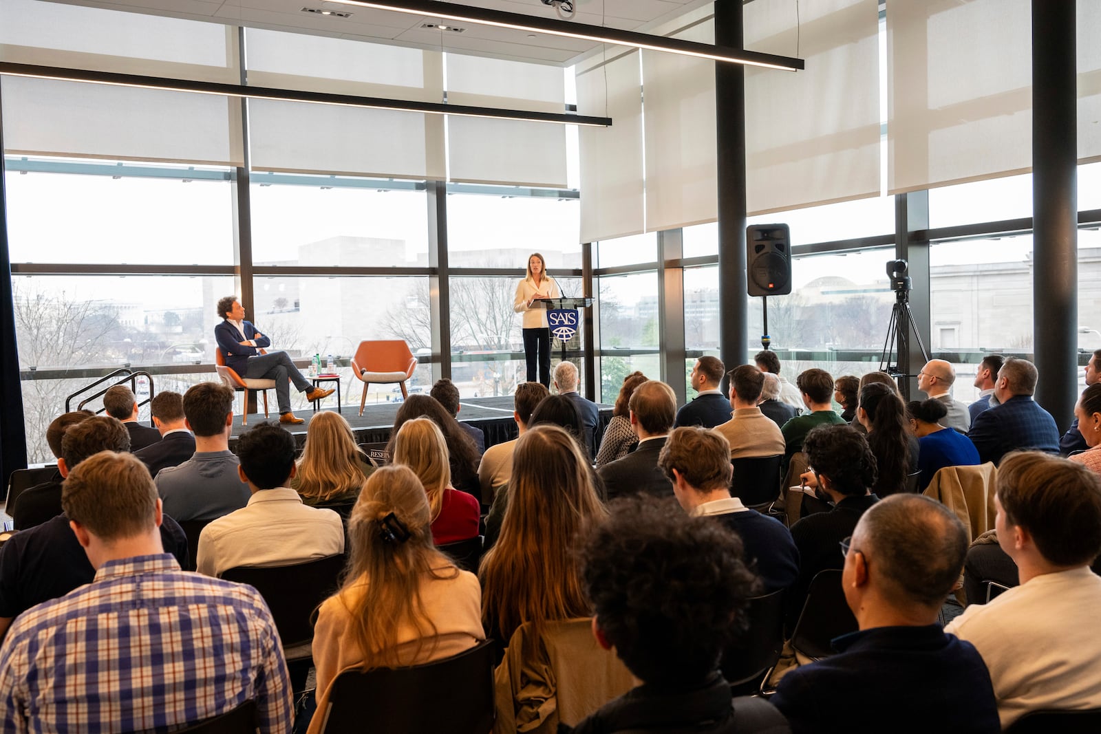 In this image provided by Johns Hopkins University, European Parliament President Roberta Metsola speaks at Johns Hopkins University, Thursday, Feb. 27, 2025, in Washington. (Kaveh Sardari/Johns Hopkins University via AP)