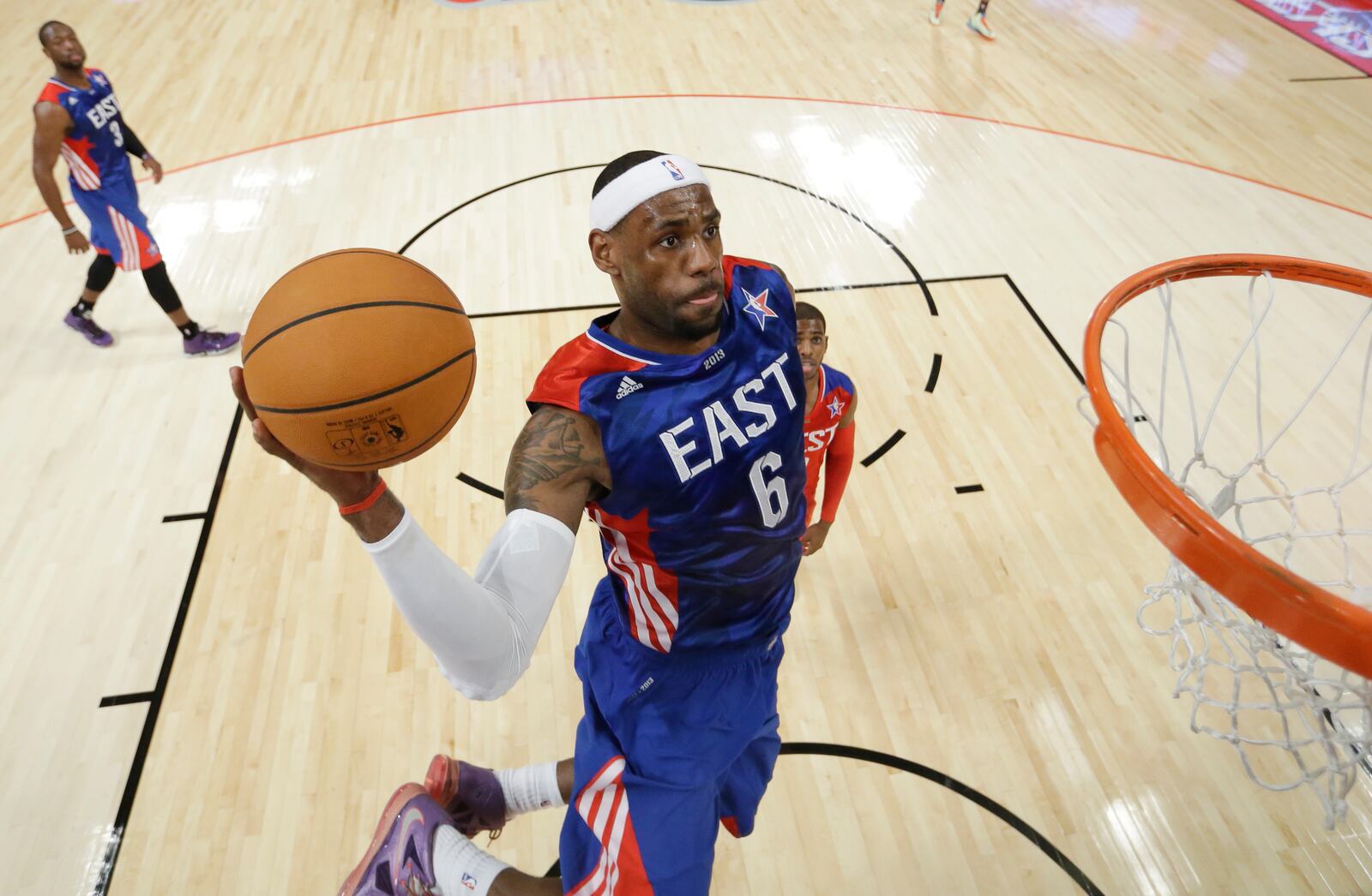 FILE - East Team's LeBron James of the Miami Heat goes up for a basket during the first half of the NBA All-Star basketball game Sunday, Feb. 17, 2013, in Houston. (AP Photo/Eric Gay, File)