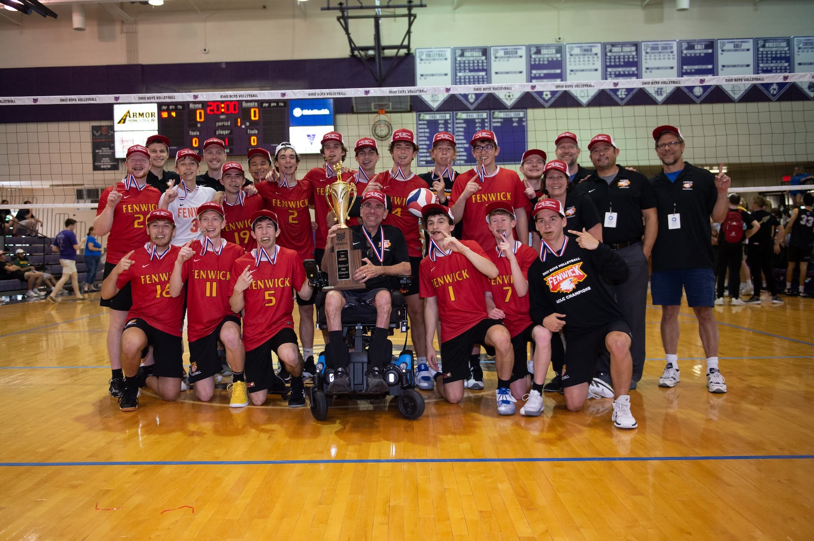 Fenwick High School won its second state volleyball title recently. Pete Ehrlich, who was diagnosed with ALS two years ago, coached the Falcons to their first title since 2013. PHOTO BY JTH PHOTOGRAPHY