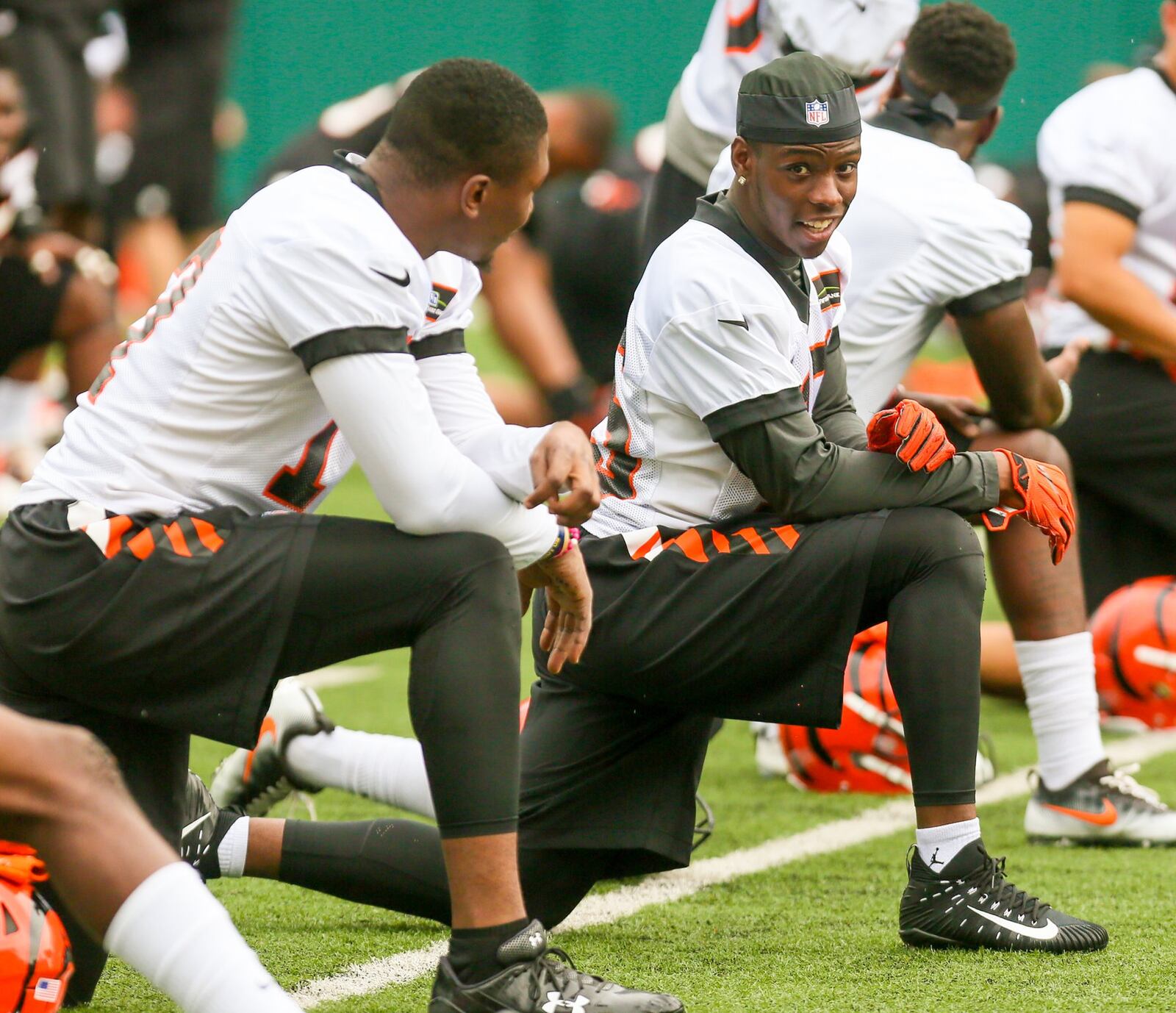 Bengals wide receiver John Ross (15) was limited to stretching in practice at Paul Brown Stadium, Tuesday, June 13, 2017. GREG LYNCH / STAFF