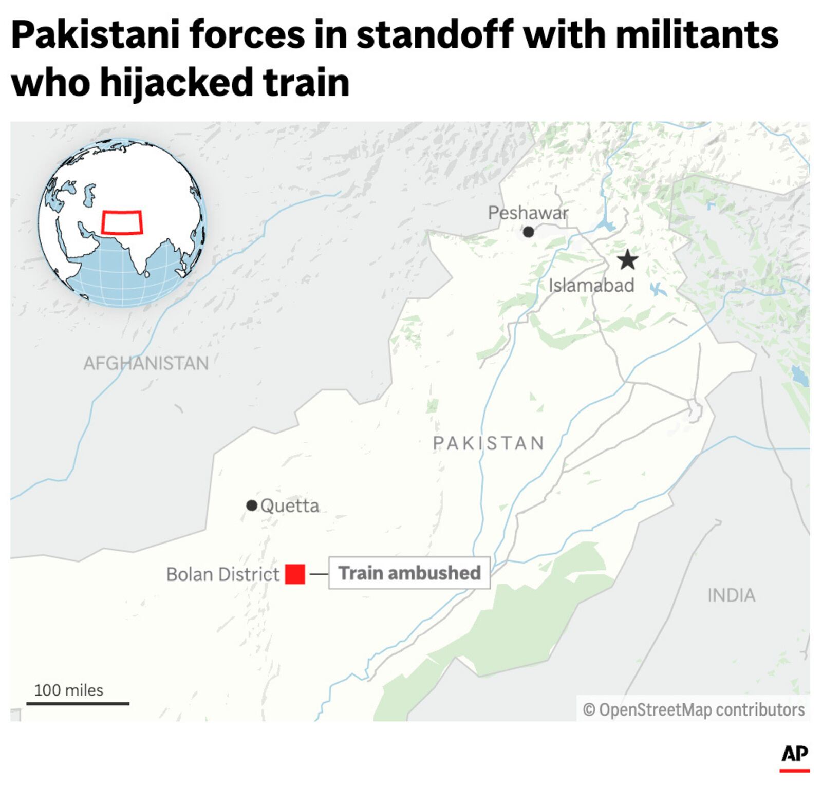 The map above locates the site in Pakistan where militants hijacked a train, took hostages and are in a standoff with Pakistani forces. (AP Graphic)