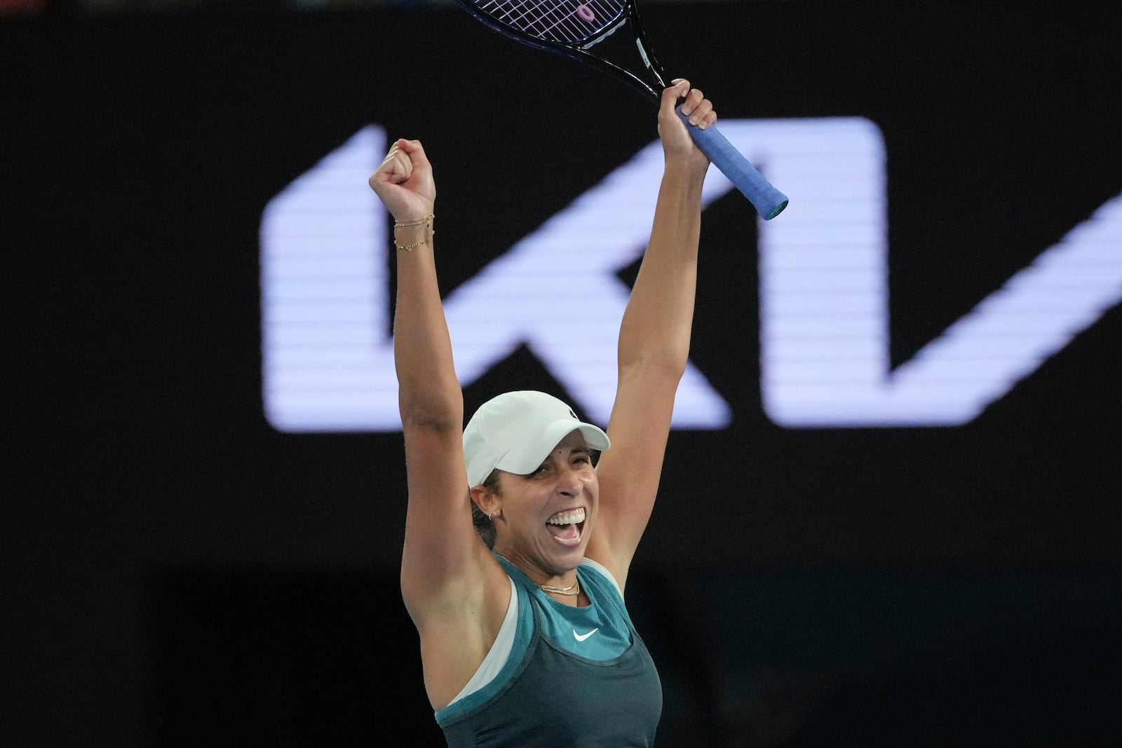 Madison Keys of the U.S. celebrates after defeating Aryna Sabalenka of Belarus during the women's singles final at the Australian Open tennis championship in Melbourne, Australia, Saturday, Jan. 25, 2025. (AP Photo/Vincent Thian)