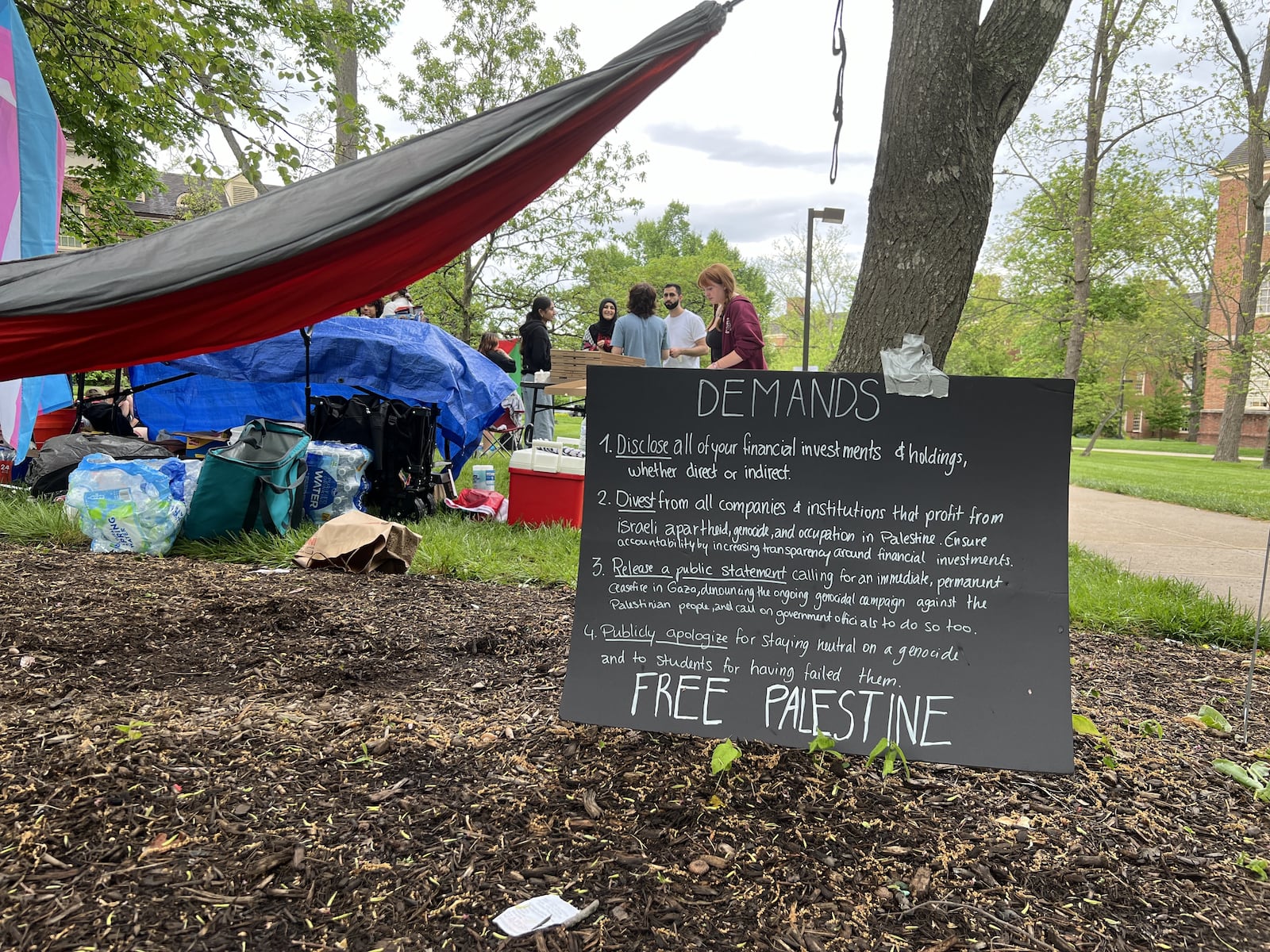 A pro-Palestinian encampment started by the Miami University chapter of Students for Justice in Palestine entered its second night Friday, May 3, 2024, on the academic quad outside Roudebush Hall, the university’s main administrative building. SEAN SCOTT/CONTRIBUTED