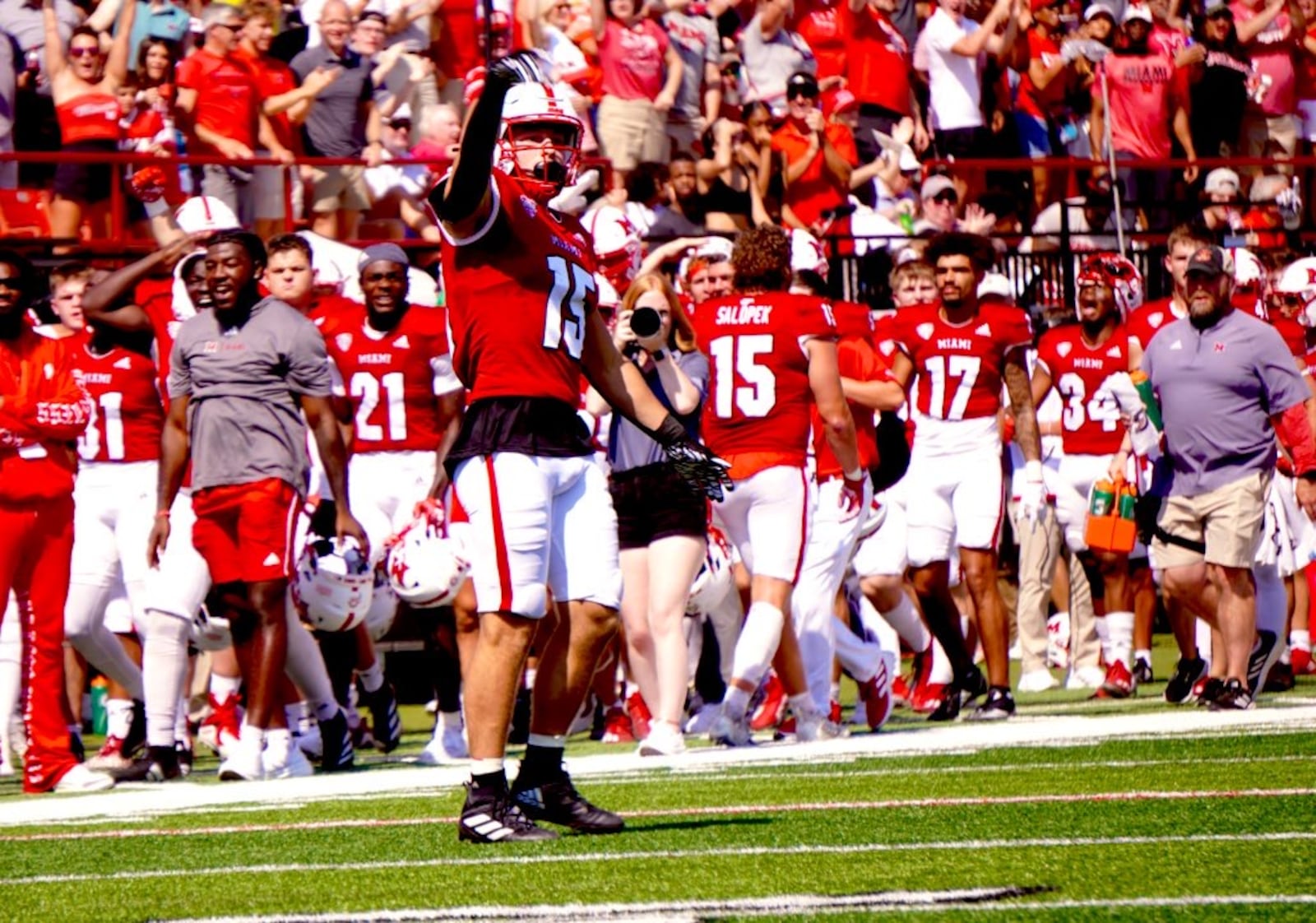 Miami's Cade McDonald celebrates after making a catch against Cincinnati on Saturday. Chris Vogt/CONTRIBUTED