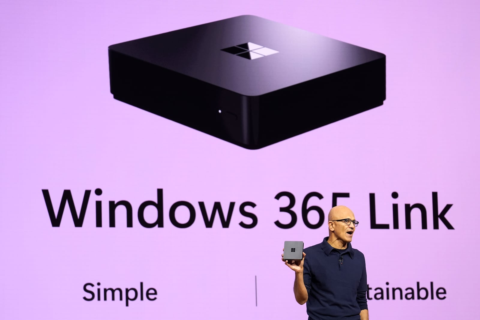 Microsoft CEO Satya Nadella introduces Windows 365 Link at the Microsoft Ignite conference Tuesday, Nov. 19, 2024, in Chicago. (AP Photo/Charles Rex Arbogast)