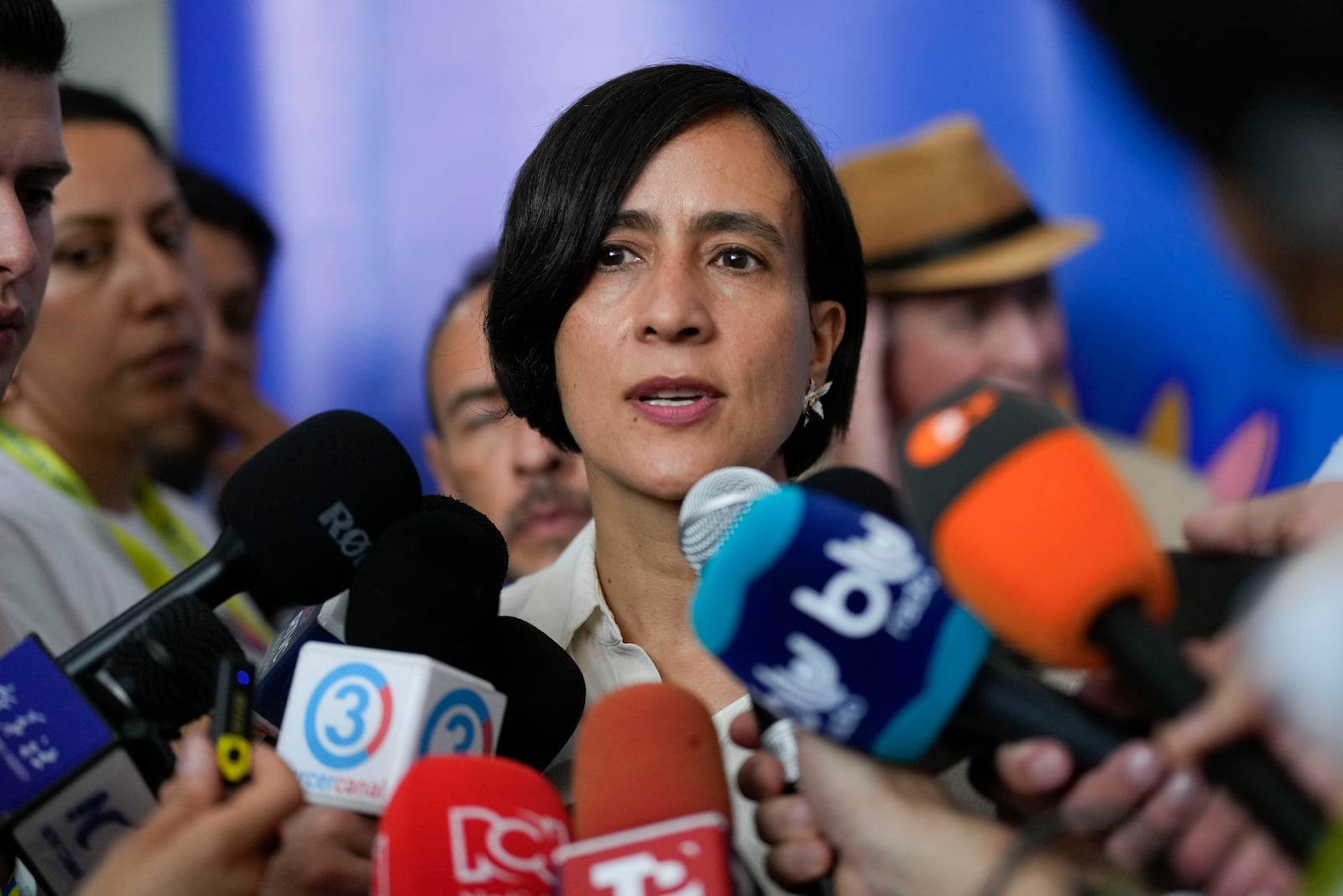 Colombia's Minister of Environment Susana Muhamad talks to the press before the opening ceremony of COP16, a United Nations' biodiversity conference, in Cali, Colombia, Sunday, Oct. 20, 2024. (AP Photo/Fernando Vergara)