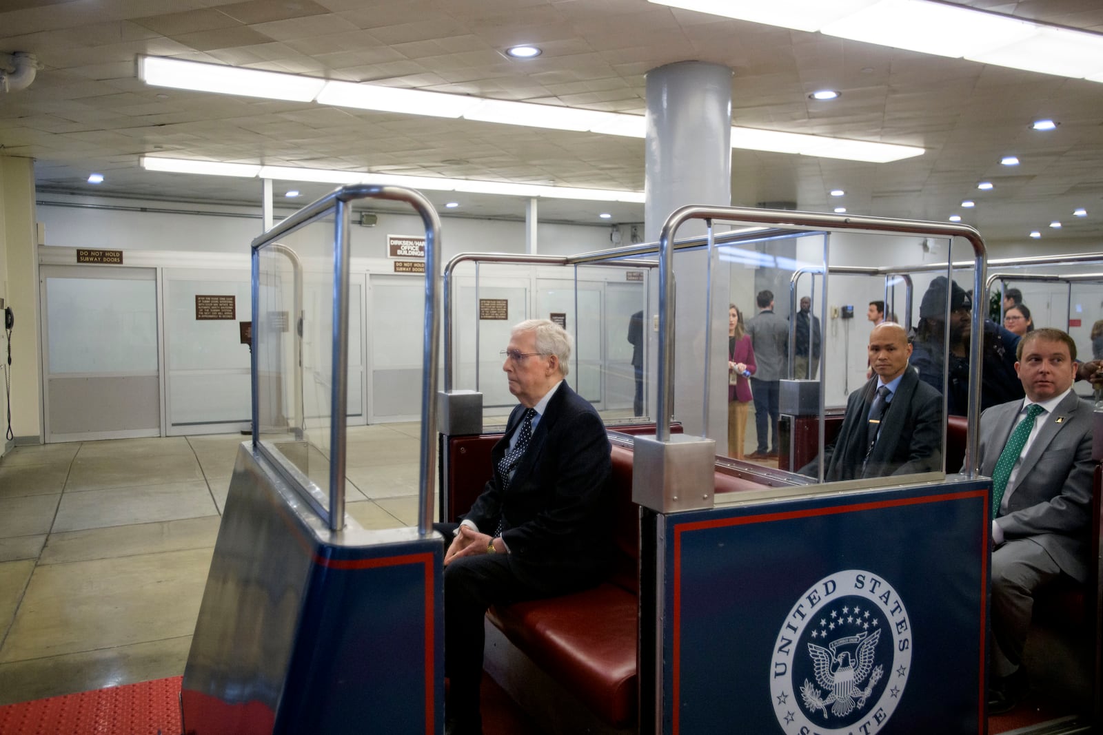 FILE - Sen. Mitch McConnell, R-Ky., boards a train in the Senate subway at the Capitol, Jan. 23, 2025, in Washington. (AP Photo/Rod Lamkey, Jr., File)