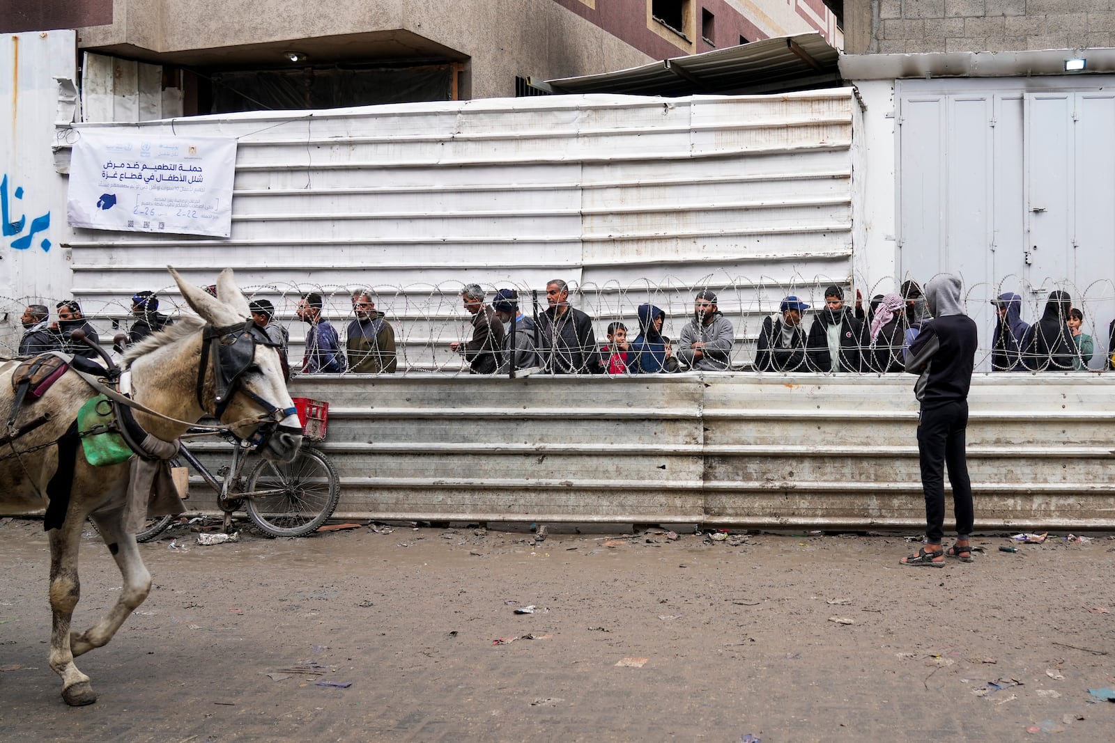 Palestinians queue to purchase bread outside a bakery in Gaza City, Monday, Feb. 24, 2025. (AP Photo/Abdel Kareem Hana)