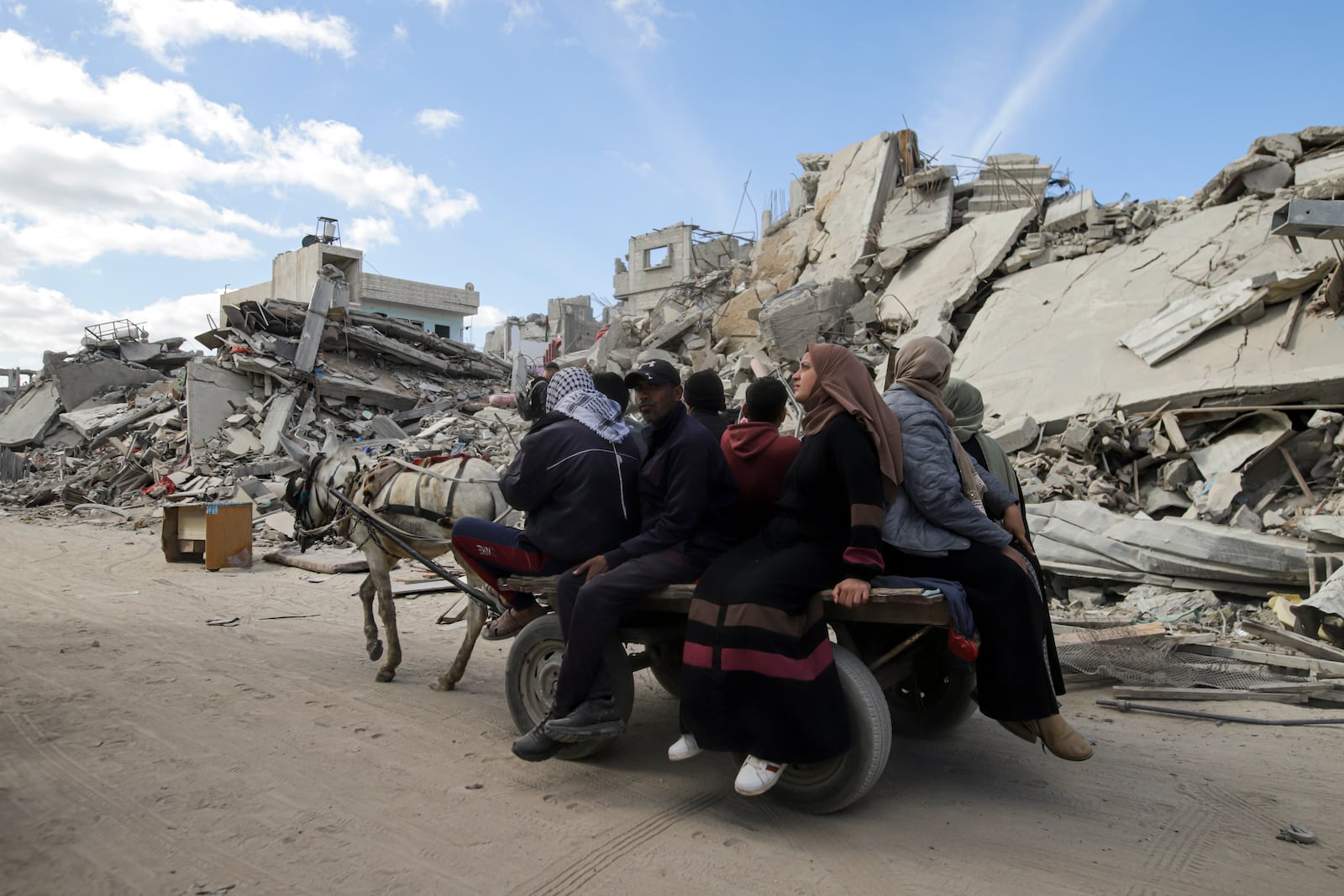 Displaced Palestinians return to Rafah in the Gaza Strip, on Monday, Jan. 20, 2025, a day after the ceasefire deal between Israel and Hamas went into effect. (AP Photo/Jehad Alshrafi)