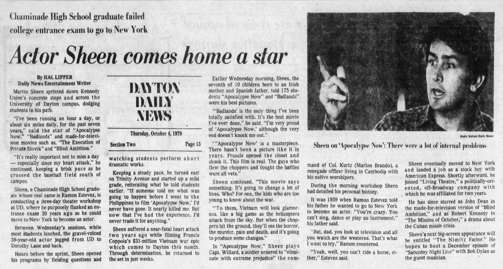 A Dayton Daily News story featuring Martin Sheen on Oct. 4, 1979.