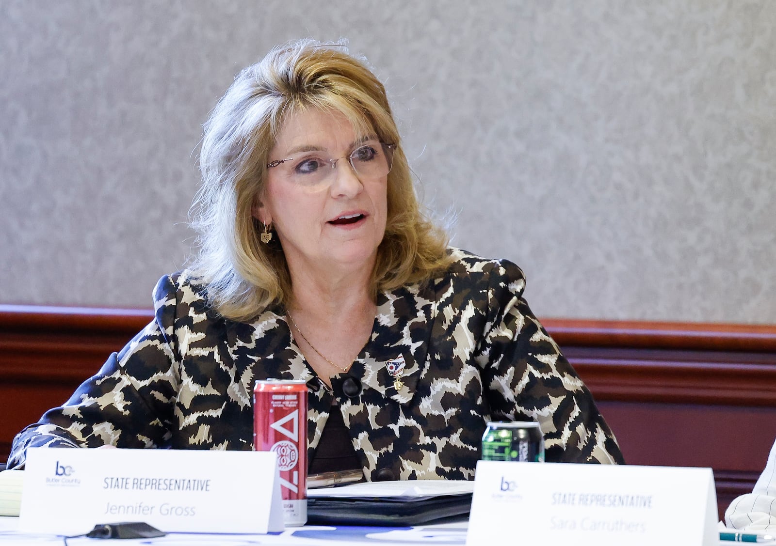 State Representative Jennifer Gross speaks during a meeting with Butler County Commissioners to discuss property taxes with state legislators and other elected officials Monday, June 24, 2024 in Hamilton. NICK GRAHAM/STAFF