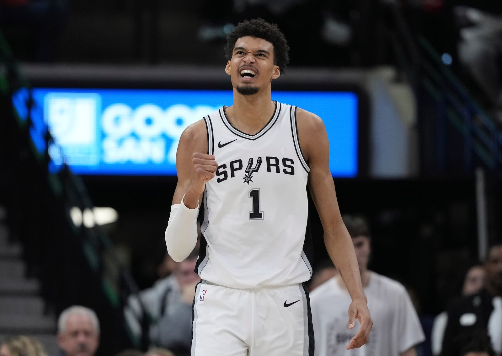 San Antonio Spurs center Victor Wembanyama reacts after a play during the second half of an NBA basketball game against the Milwaukee Bucks in San Antonio, Friday, Jan. 31, 2025. (AP Photo/Eric Gay)