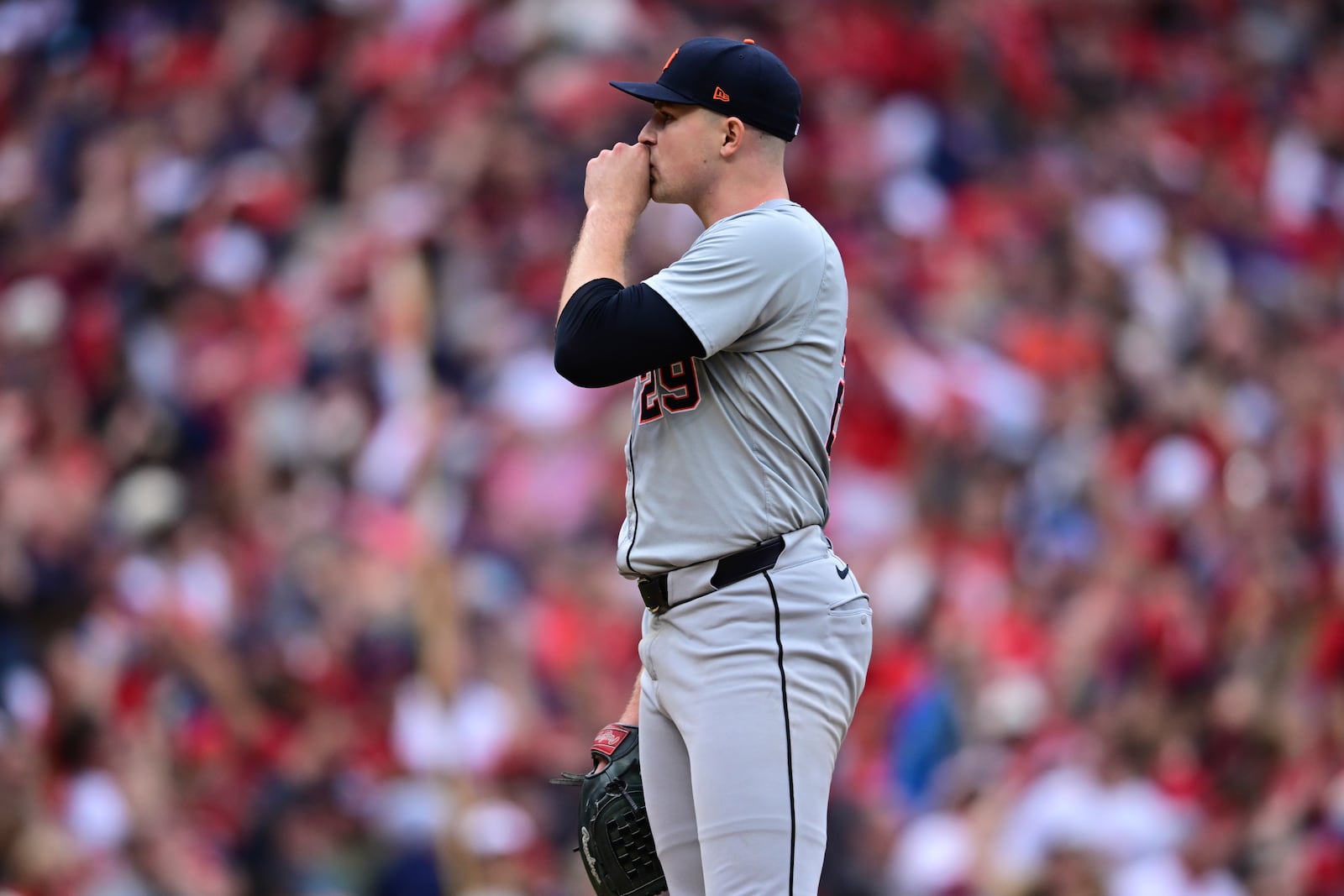 Detroit Tigers starting pitcher Tarik Skubal stands on the mound after giving up a grand slam to Cleveland Guardians' Lane Thomas in the fifth inning during Game 5 of baseball's American League Division Series, Saturday, Oct. 12, 2024, in Cleveland. (AP Photo/David Dermer)