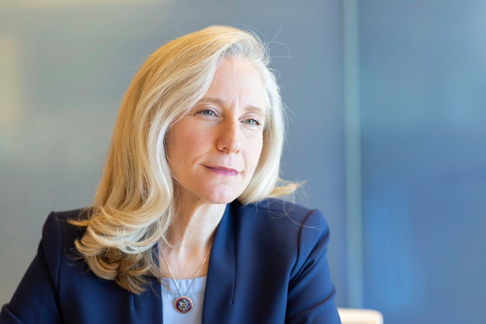 FILE - Rep. Abigail Spanberger, D-Va., speaks during an interview in Henrico County, Va., Nov. 25, 2024. (AP Photo/Ryan M. Kelly, File)