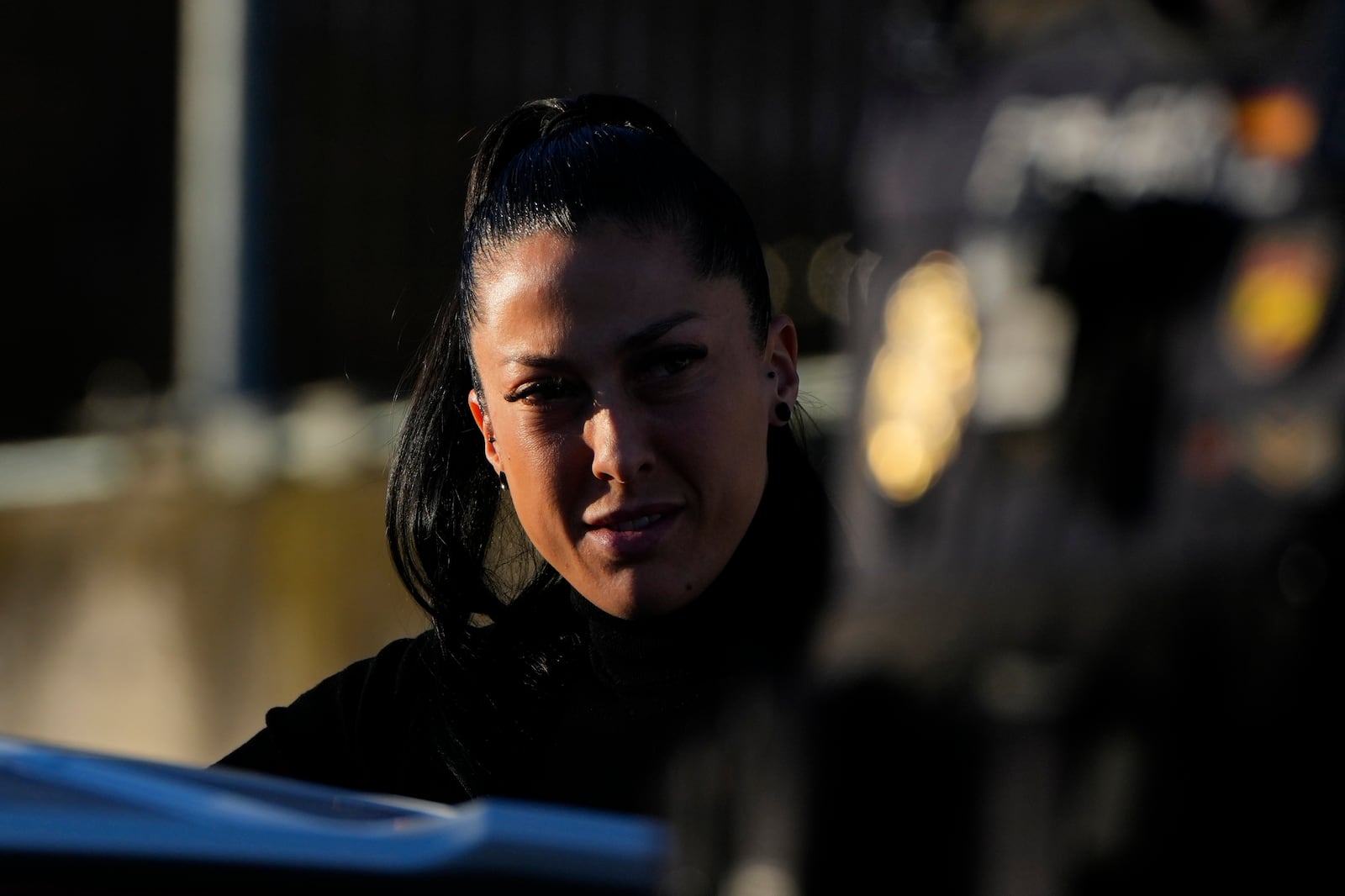 Soccer player Jenni Hermoso arrives at a court on the outskirts of Madrid, Spain, Monday Feb. 3, 2025 to appear as a witness during the trial of former president of Spain's soccer federation Luis Rubiales for his unsolicited kiss on Jenni Hermoso. (AP Photo/Manu Fernandez)