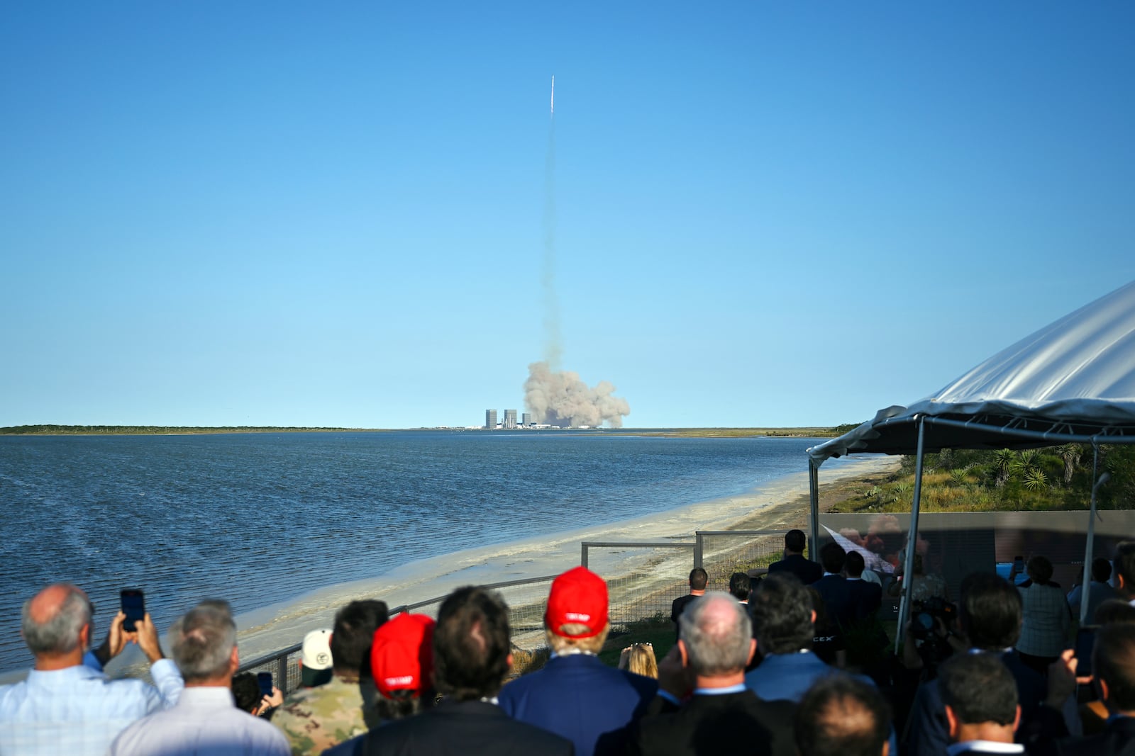 President-elect Donald Trump watches the launch of the sixth test flight of the SpaceX Starship rocket Tuesday, Nov. 19, 2024, in Brownsville, Texas. (Brandon Bell/Pool via AP)