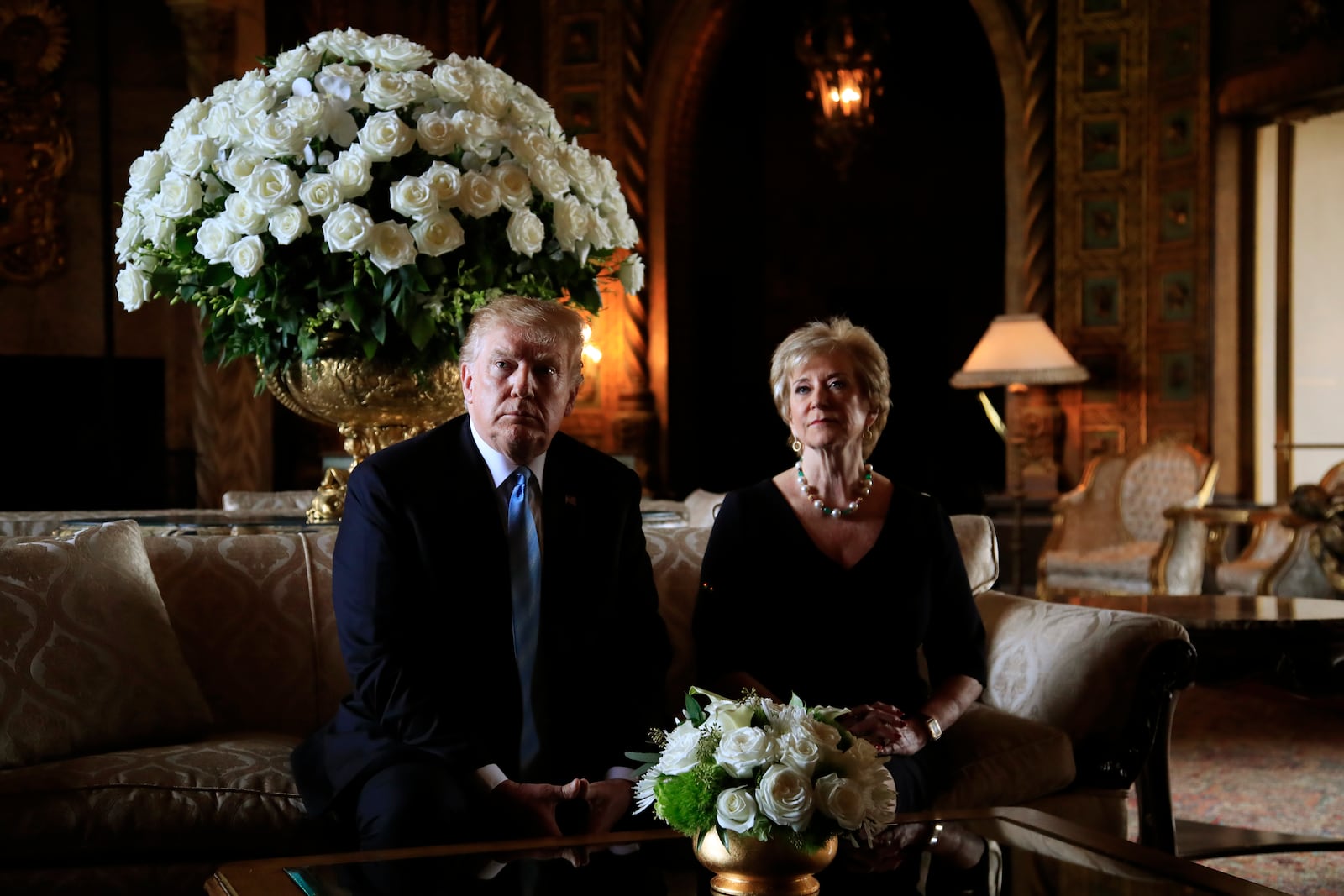 FILE - President Donald Trump announces the resignation of Small Business Administration Administrator Linda McMahon during a news conference at his Mar-a-Lago estate in Palm Beach, Fla., Friday, March 29, 2019. (AP Photo/Manuel Balce Ceneta, File)