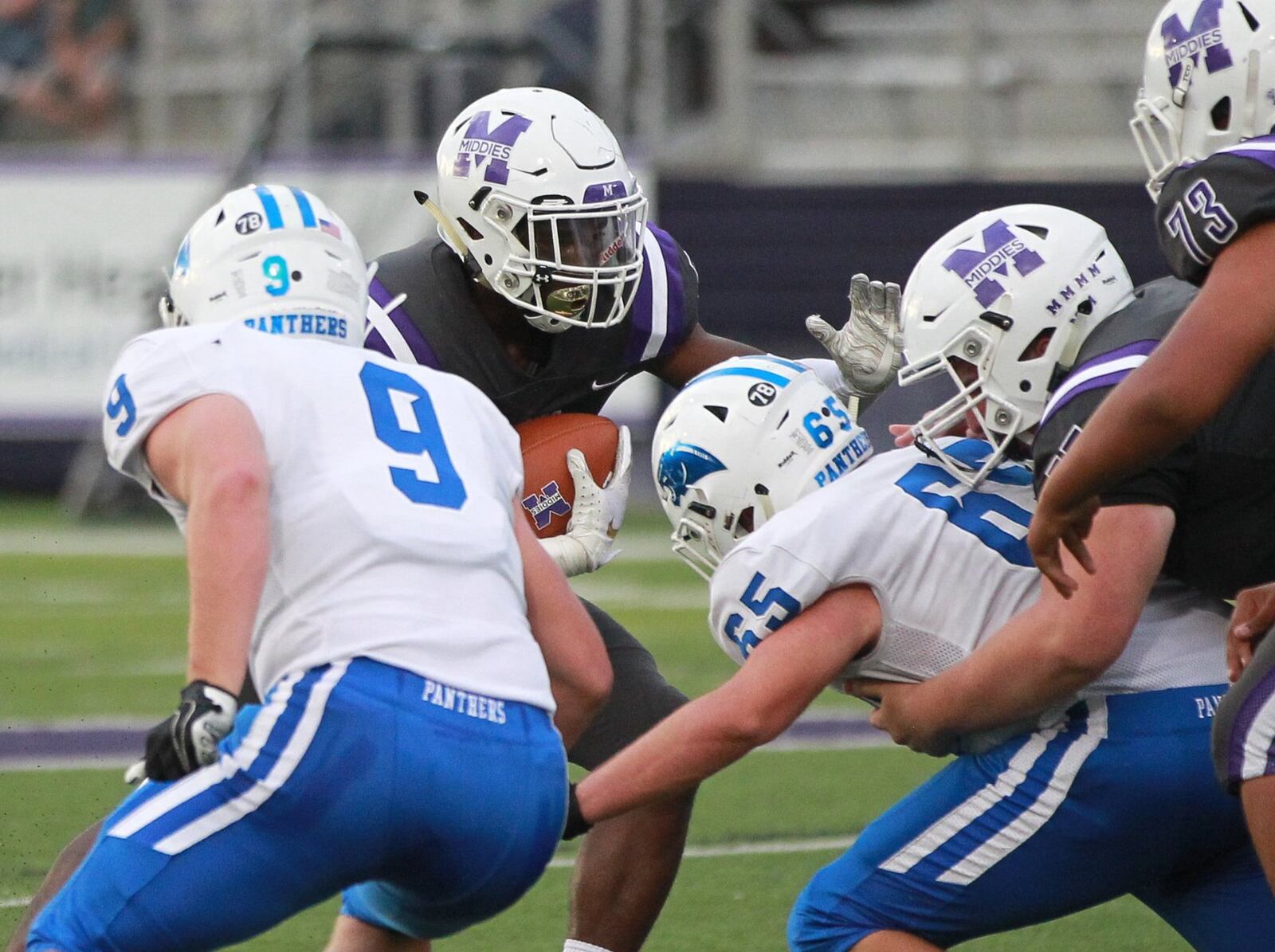 Middletown junior Josh Bryant (with ball) leads the GMC in total offensive yardage following a 37-14 Week 2 loss to visiting Springboro on Friday, Sept. 6, 2019. MARC PENDLETON / STAFF