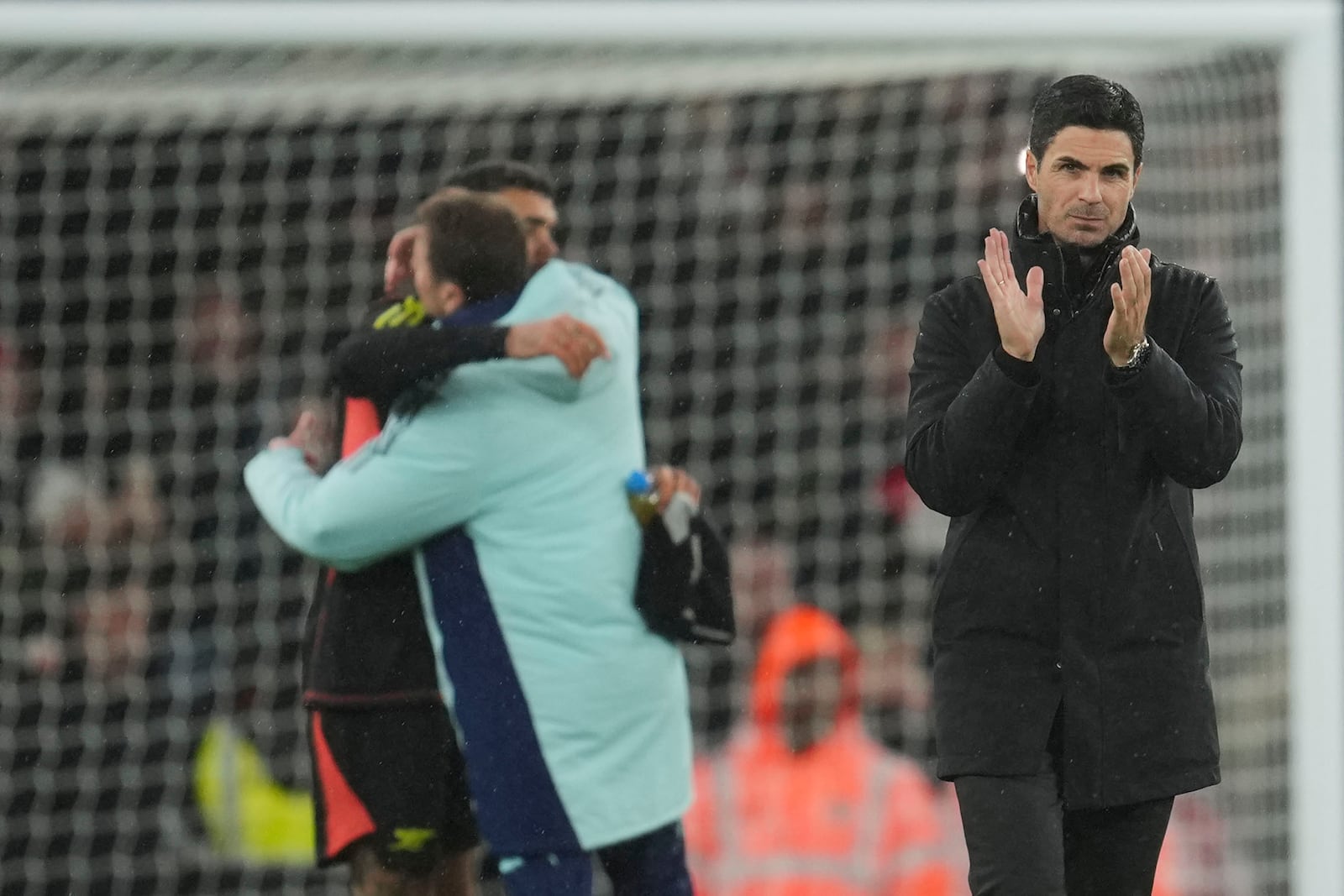 Arsenal's manager Mikel Arteta applauds to supporters at the end of the English Premier League soccer match between Arsenal and Nottingham Forest at Emirates Stadium in London, Saturday, Nov. 23, 2024. (AP Photo/Kin Cheung)