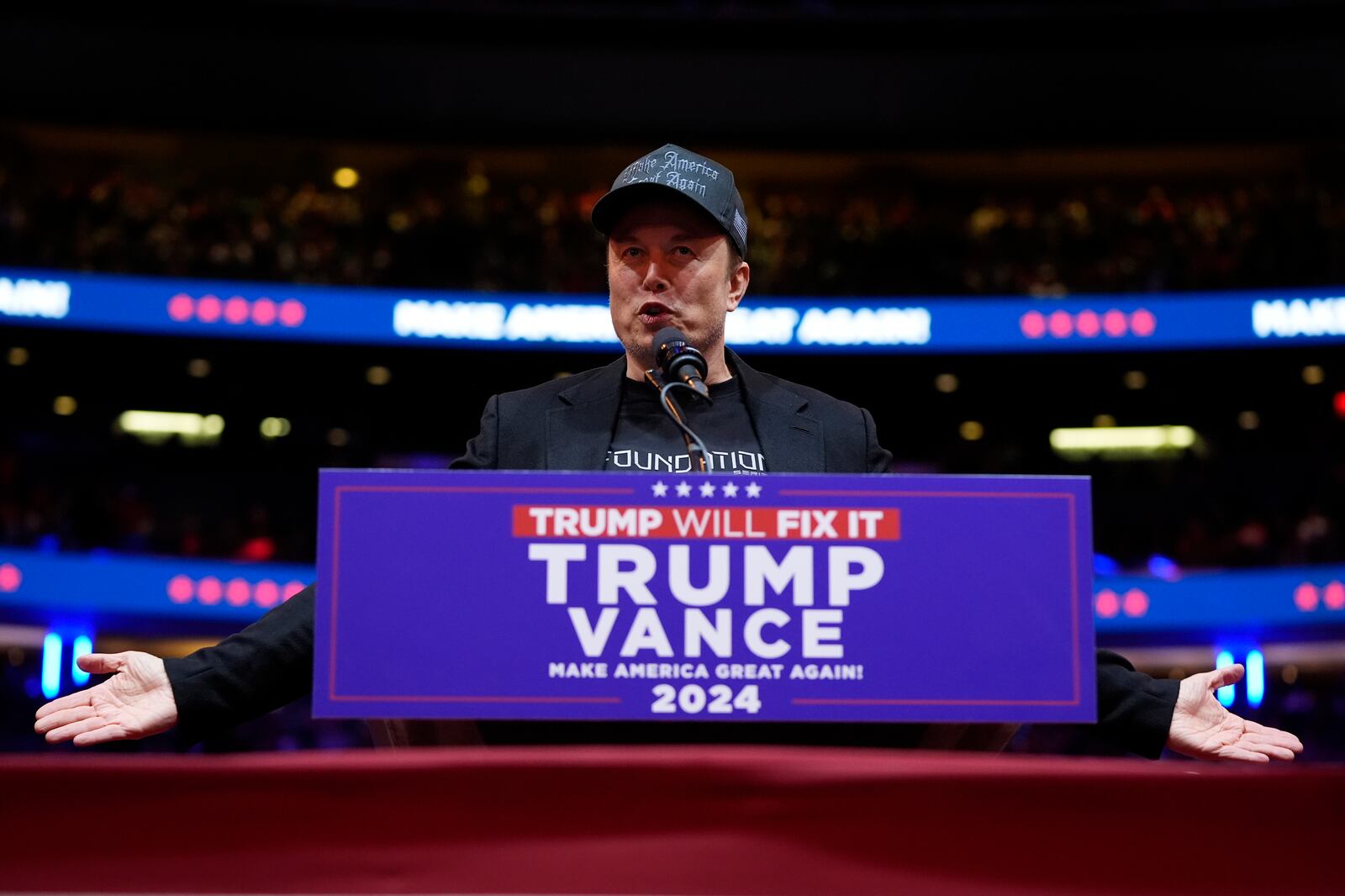 Elon Musk speaks before Republican presidential nominee former President Donald Trump at a campaign rally at Madison Square Garden, Sunday, Oct. 27, 2024, in New York. (AP Photo/Alex Brandon)