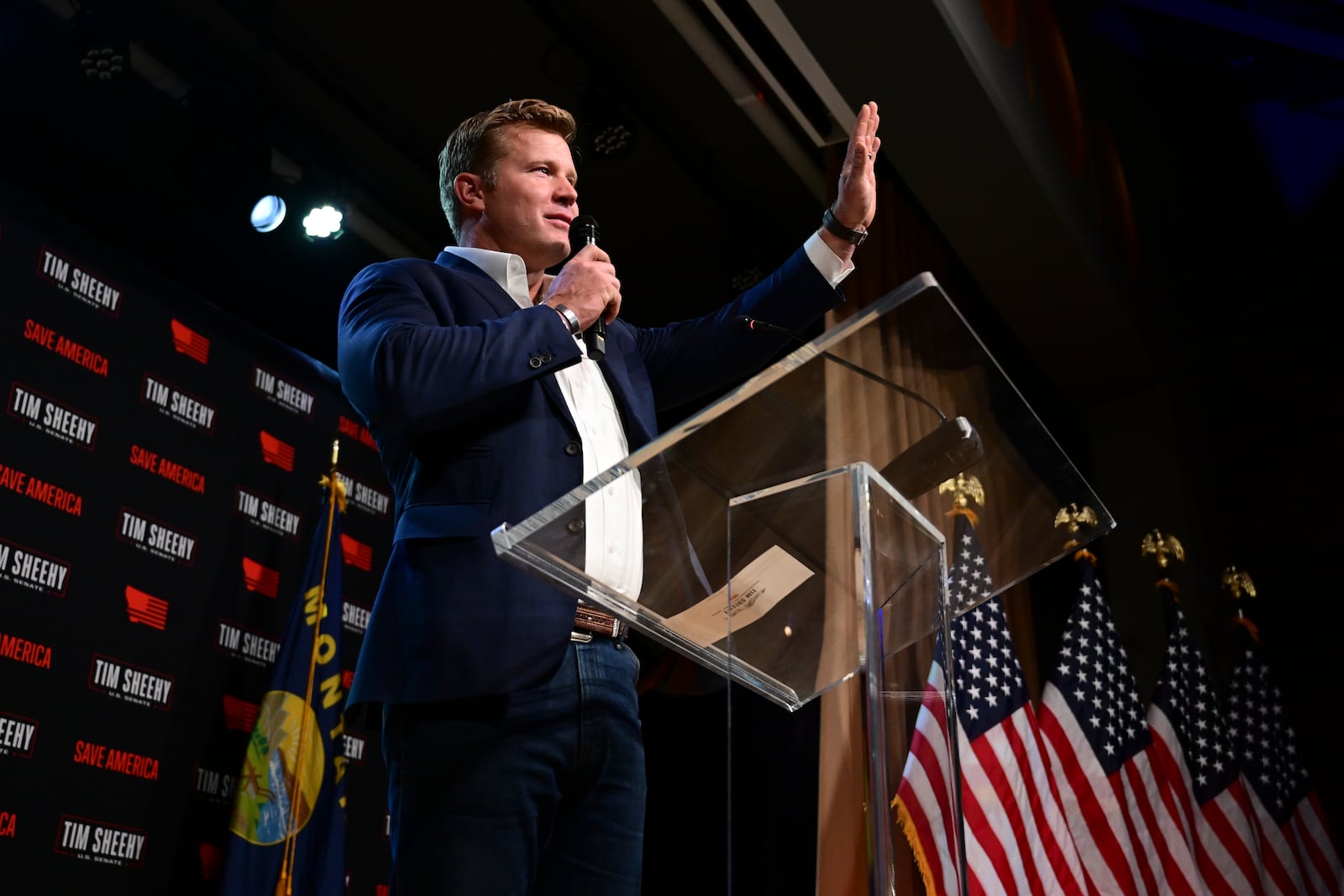 Republican Montana Senate candidate Tim Sheehy speaks during an election night watch party Wednesday, Nov. 6, 2024, in Bozeman, Mont. (AP Photo/Tommy Martino)