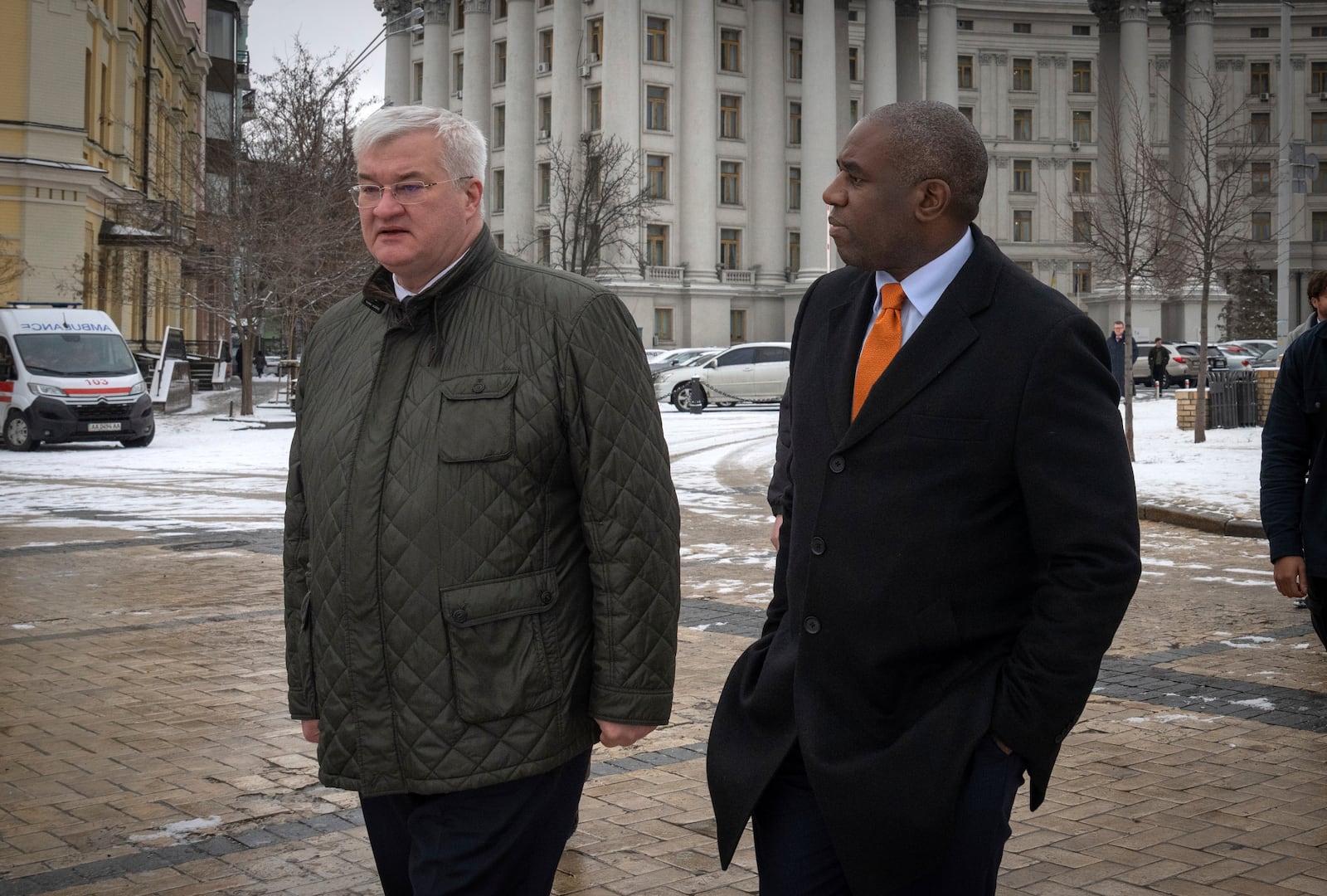 Britain's Foreign Secretary David Lammy, right, speaks to Ukraine's Foreign Minister Andriiy Sybiha, during their meeting in Kyiv, Ukraine, Wednesday, Feb. 5, 2025. (AP Photo/Efrem Lukatsky)