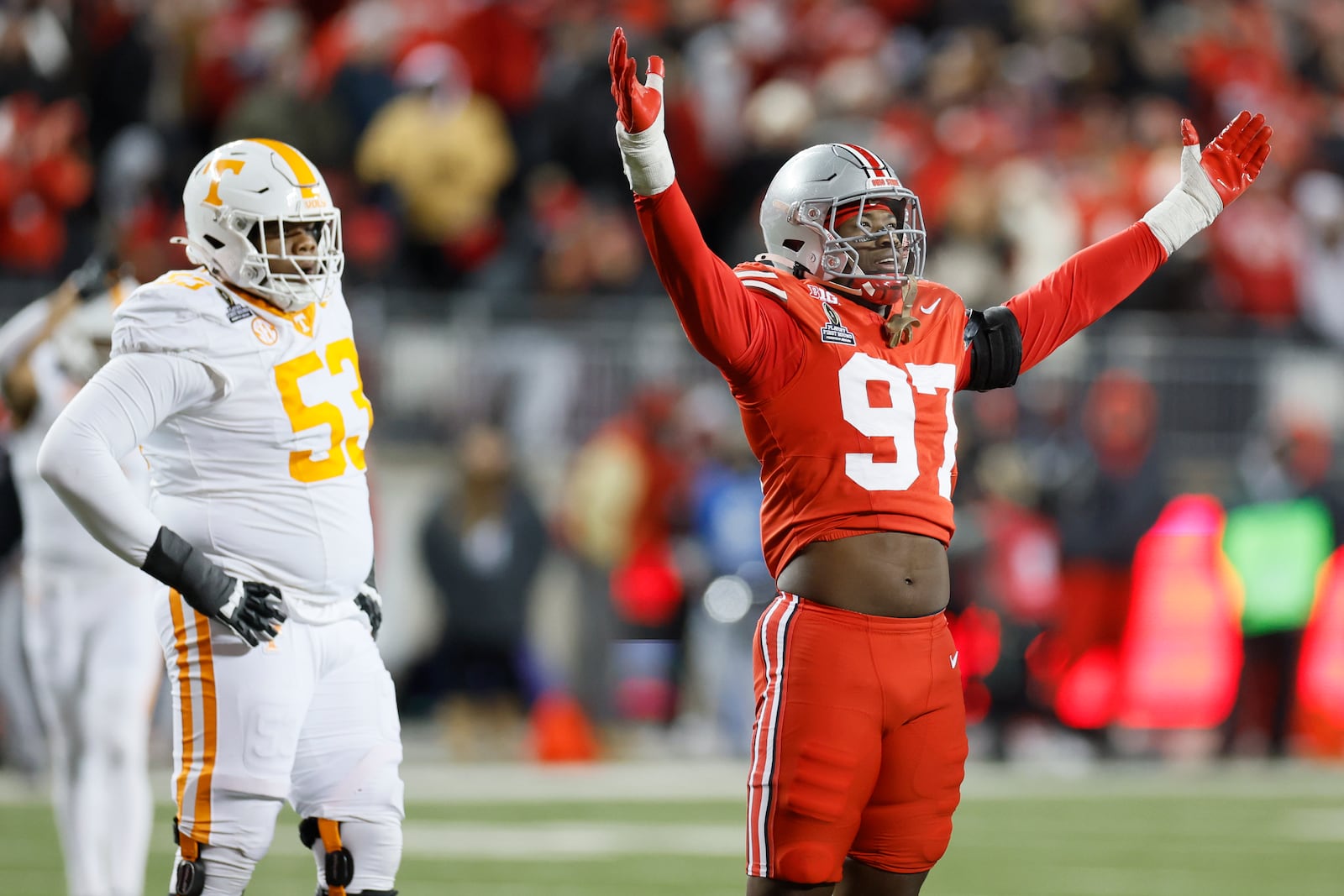 Ohio State defensive lineman Kenyatta Jackson celebrates a tackle against Tennessee during the second half in the first round of the College Football Playoff, Saturday, Dec. 21, 2024, in Columbus, Ohio. (AP Photo/Jay LaPrete)