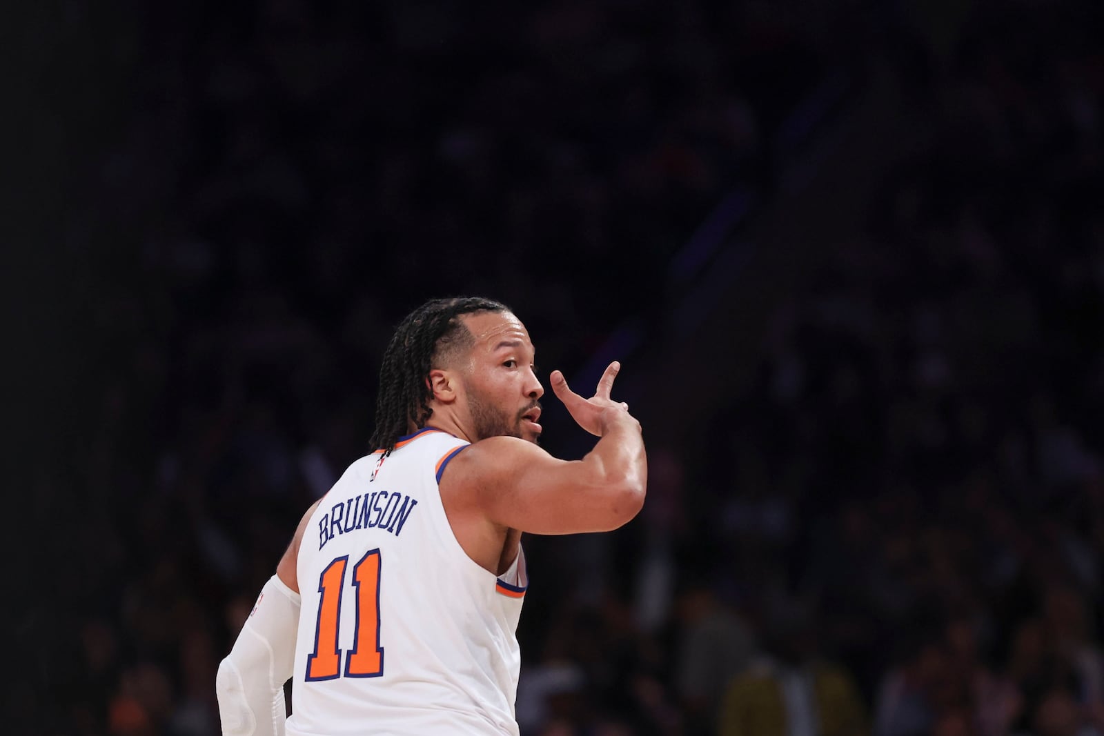 New York Knicks' Jalen Brunson celebrates after a 3-point basket during the first half of an NBA basketball game against the Atlanta Hawks, Monday, Jan. 20, 2025, in New York. (AP Photo/Heather Khalifa)