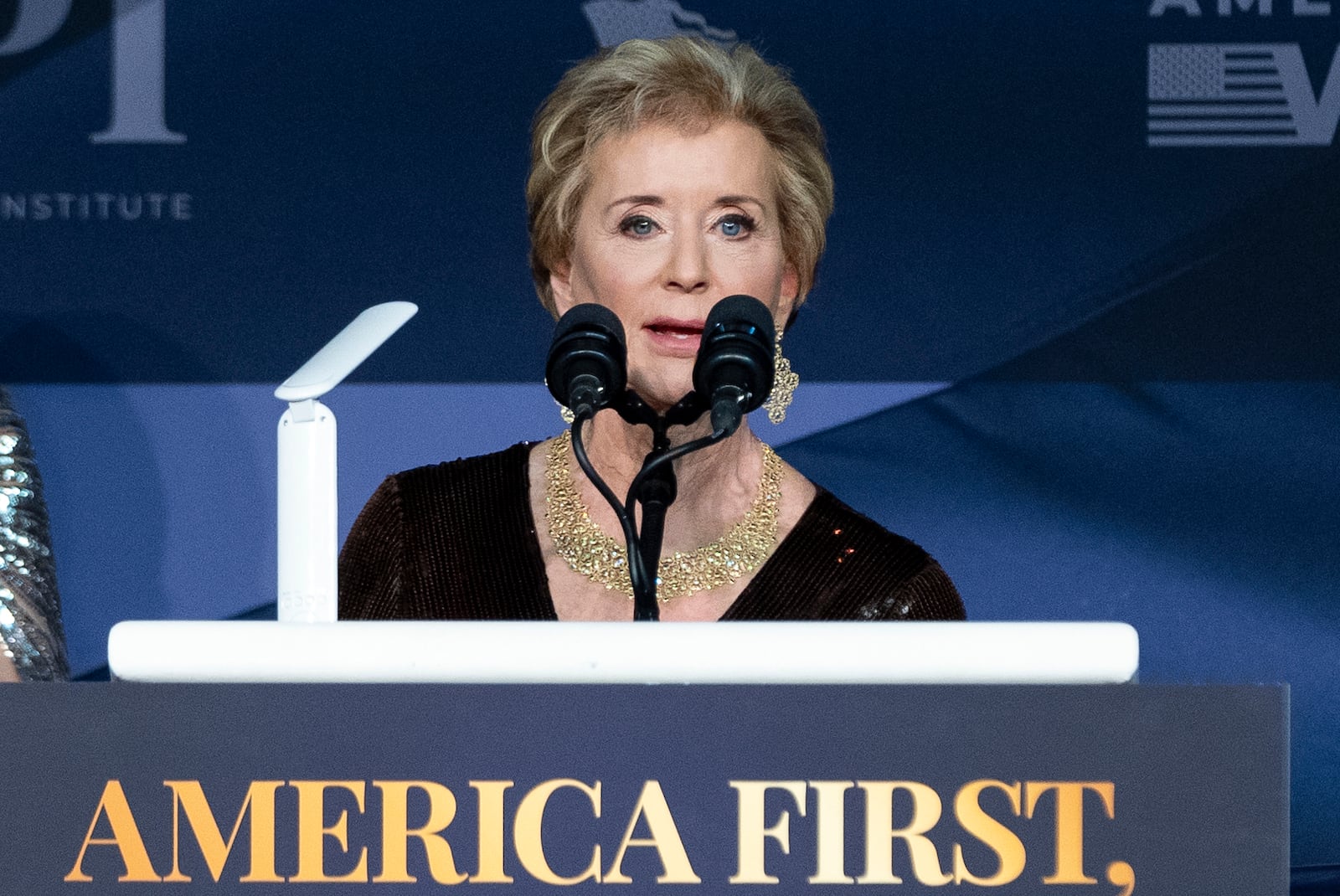 FILE - Linda McMahon speaks during an America First Policy Institute gala at his Mar-a-Lago estate, Nov. 14, 2024, in Palm Beach, Fla. (AP Photo/Alex Brandon, File)