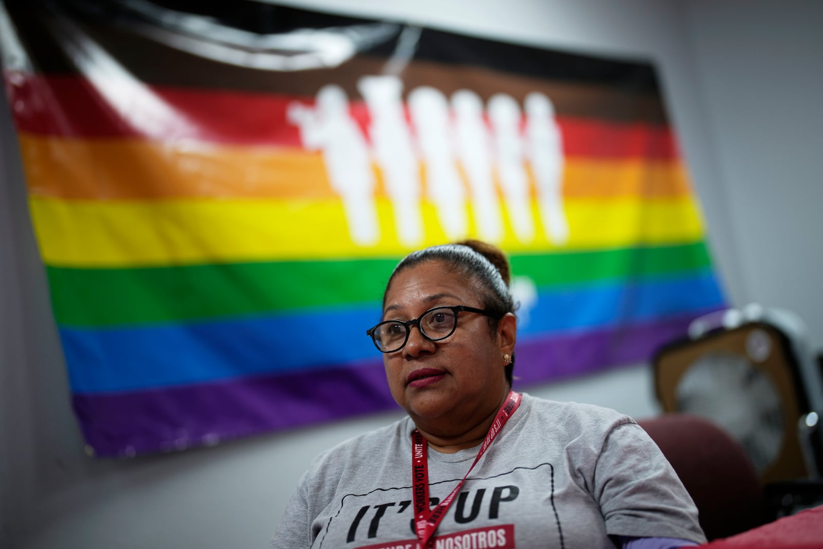 Florisela Lopez Rivera speaks with the Associated Press at the Culinary Workers Union, Tuesday, Sept. 10, 2024, in Las Vegas. Originally from El Salvador, Lopez Rivera recently gained permanent U.S. residency. (AP Photo/John Locher)