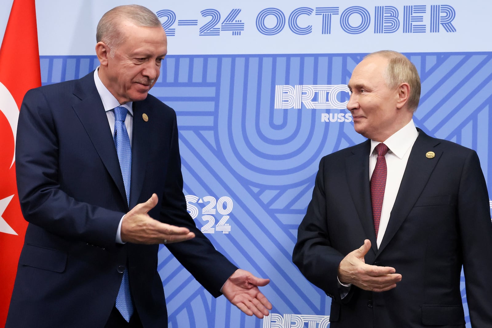 FILE - Russian President Vladimir Putin, right, meets with Turkish President Recep Tayyip Erdogan on the sidelines of the BRICS summit in Kazan, Russia, on Oct. 23, 2024. (Mikhail Metzel, Sputnik, Kremlin Pool Photo via AP, File)