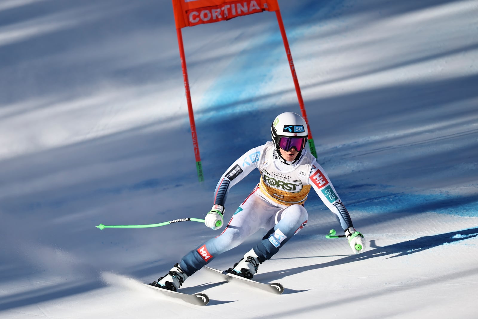 Norway's Kajsa Vickhoff Lie speeds down the course during an alpine ski, women's World Cup downhill, in Cortina d'Ampezzo, Italy, Saturday, Jan. 18, 2025 (AP Photo/Marco Trovati)