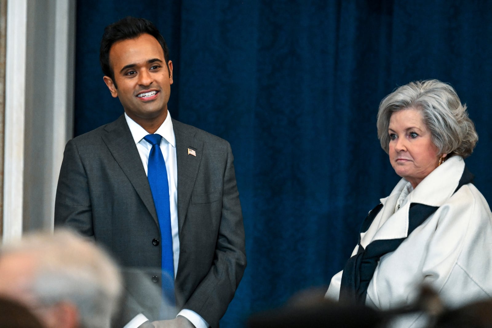 Vivek Ramaswamy, left, and Susie Wiles arrive at the 60th Presidential Inauguration in the Rotunda of the U.S. Capitol in Washington, Monday, Jan. 20, 2025. (Kenny Holston/The New York Times via AP, Pool)