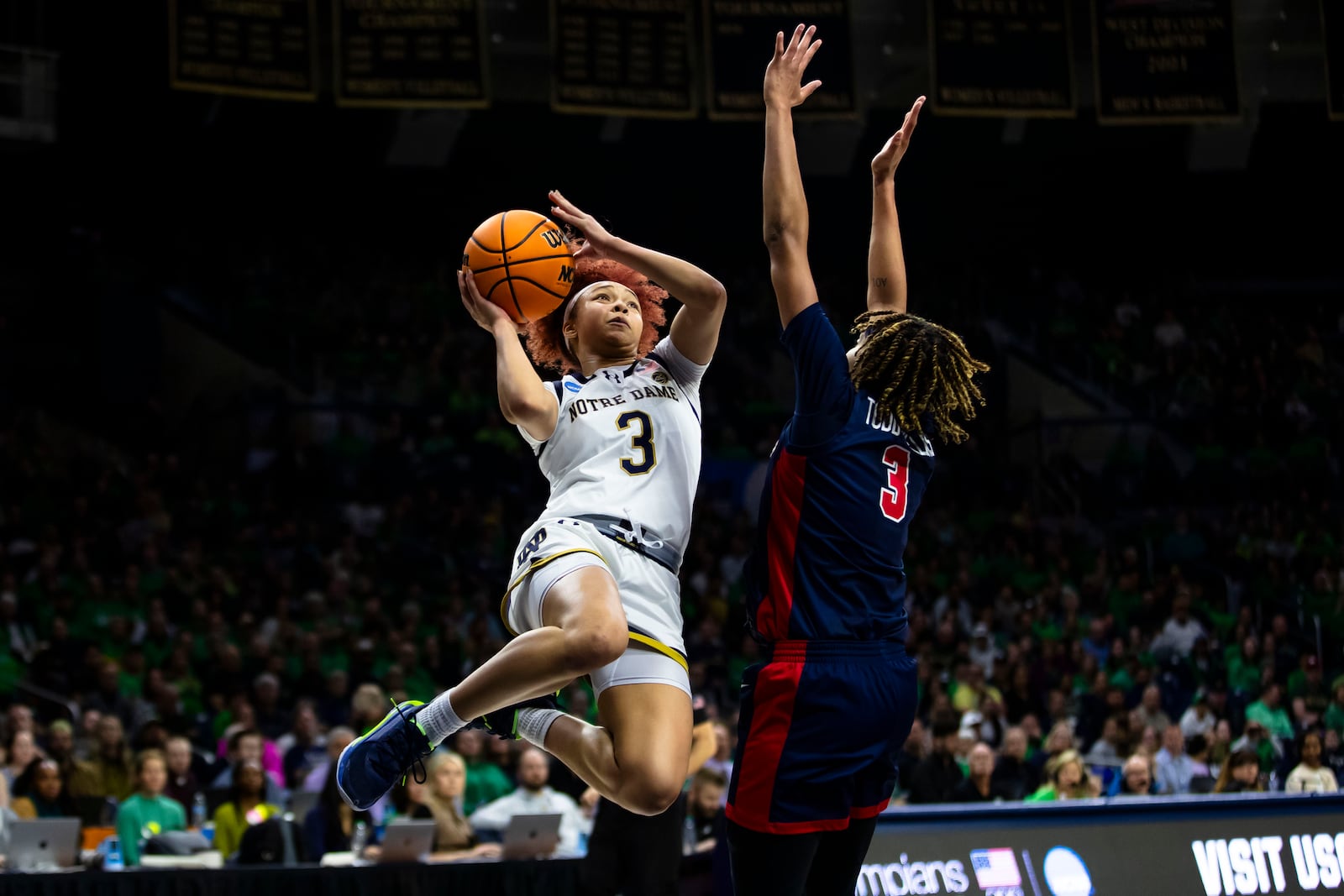 FILE - Notre Dame guard Hannah Hidalgo, left, drives against Mississippi guard Kennedy Todd-Williams during the second half of a second-round college basketball game in the NCAA Tournament Monday, March 25, 2024, in South Bend, Ind. (AP Photo/Michael Caterina, File)