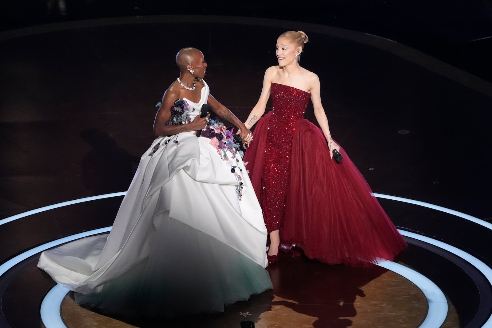 Cynthia Erivo, left, and Ariana Grande perform "Defying Gravity" during the Oscars on Sunday, March 2, 2025, at the Dolby Theatre in Los Angeles. (AP Photo/Chris Pizzello)