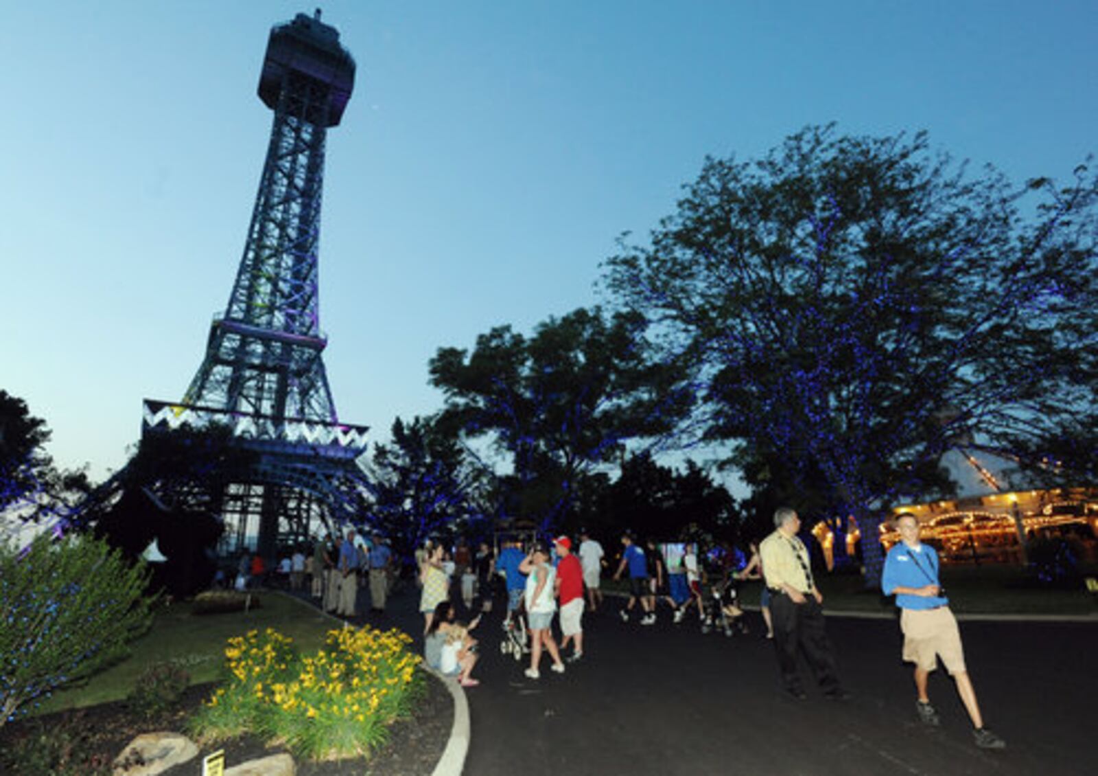 Kings Island's Snoopy's Starlight Spectacular features more than 2 million LED lights with a variety of displays starring Snoopy and the Peanuts gang behind the Mason's park's Eiffel Tower.