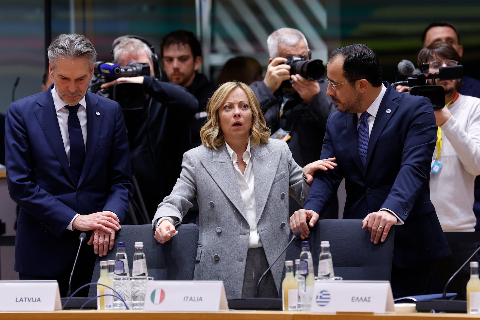 From left, Netherland's Prime Minister Dick Schoof, Italy's Prime Minister Giorgia Meloni and Cypriot President Nikos Christodoulides during a round table meeting at an EU summit in Brussels, Thursday, Dec. 19, 2024. (AP Photo/Omar Havana)