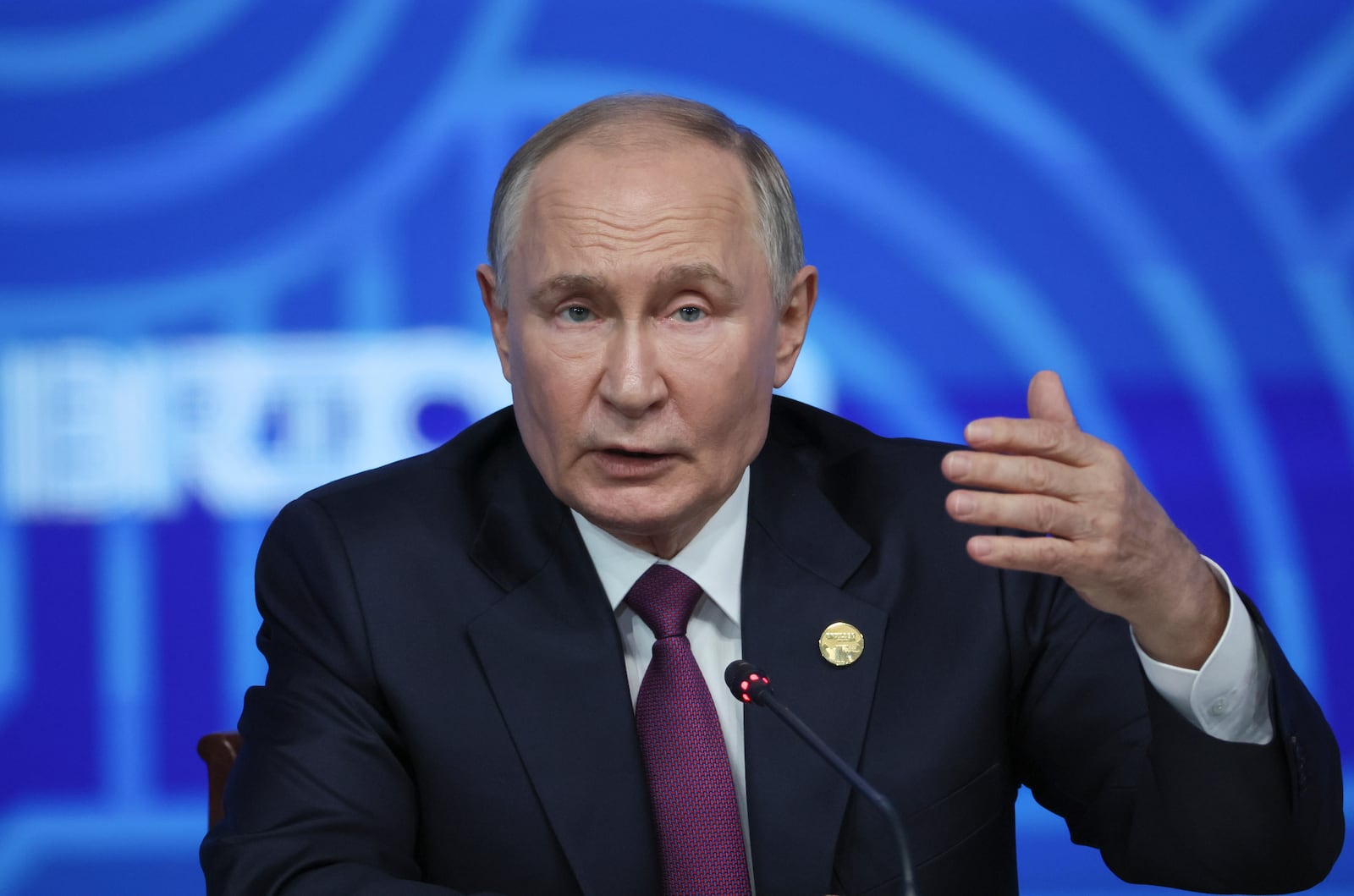 Russian President Vladimir Putin holds a press conference at BRICS Summit in Kazan, Russia, Thursday, Oct. 24, 2024. (Maxim Shipenkov, Pool Photo via AP)