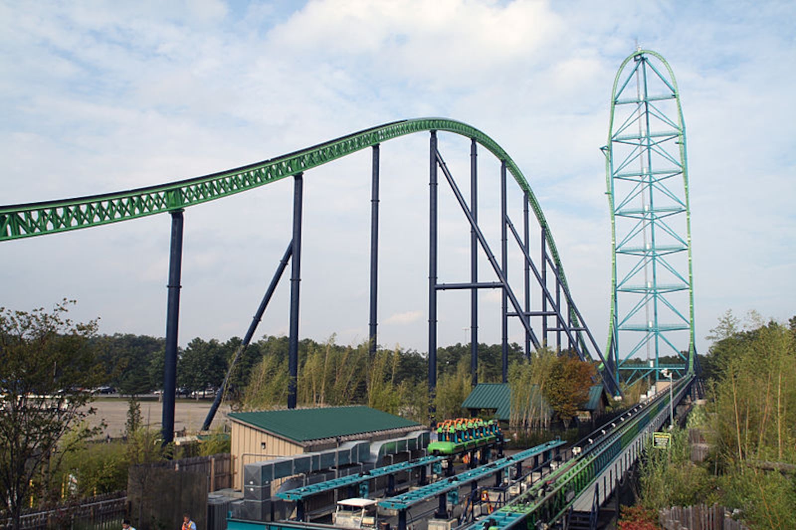 The Kingda Ka located at Six Flags in New Jersey has been dubbed the world's tallest roller coaster towering at an amazing 456 feet (45 stories); it also has the biggest drop at 418 feet. It is the fastest coaster in North America. You better be ready for this coaster because it has a takeoff that goes from 0 to 128 mph in just 3.5 seconds!