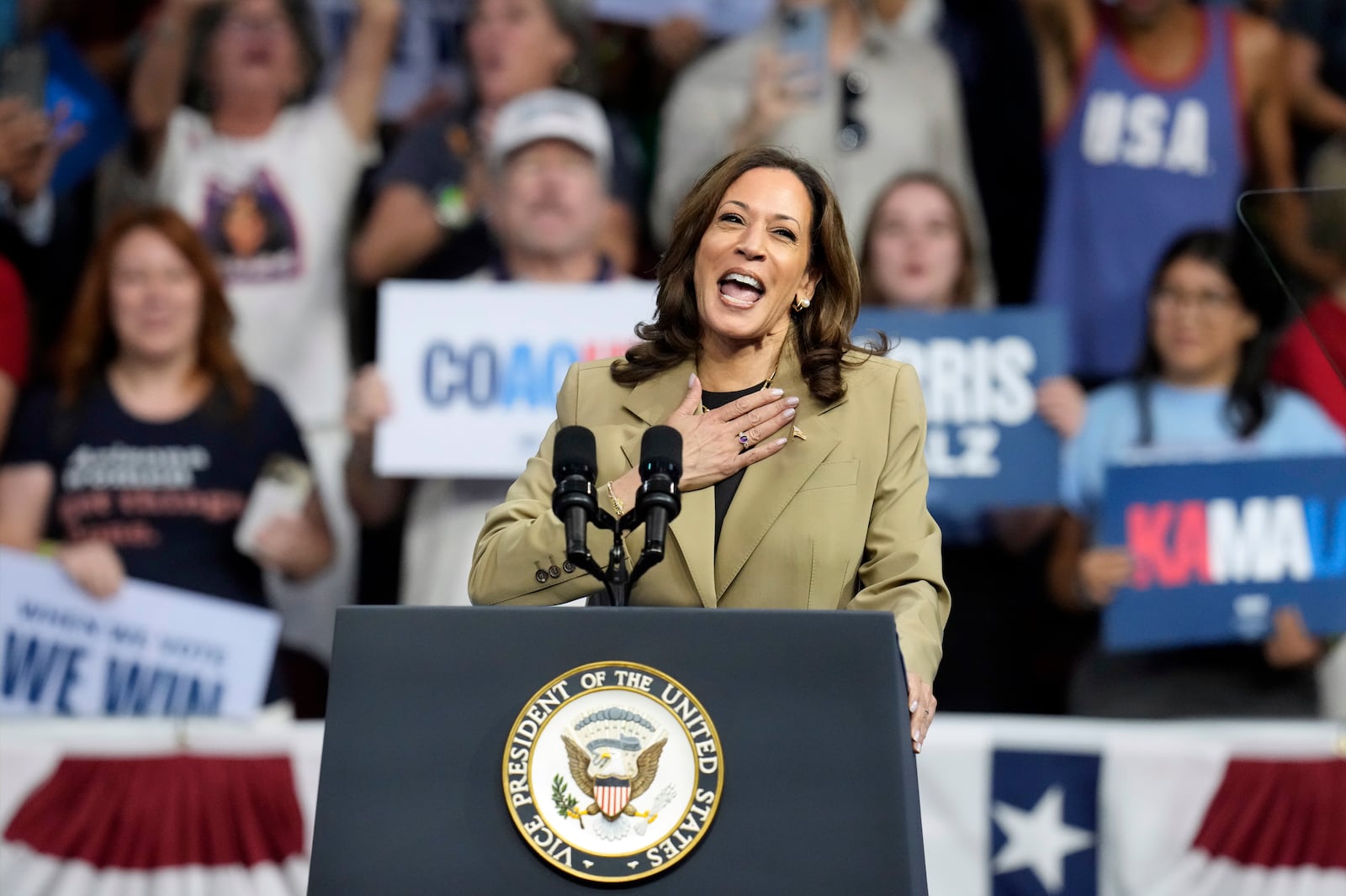 FILE - Democratic presidential nominee Vice President Kamala Harris speaks at a campaign rally at Desert Diamond Arena, Aug. 9, 2024, in Glendale, Ariz. (AP Photo/Ross D. Franklin, File)