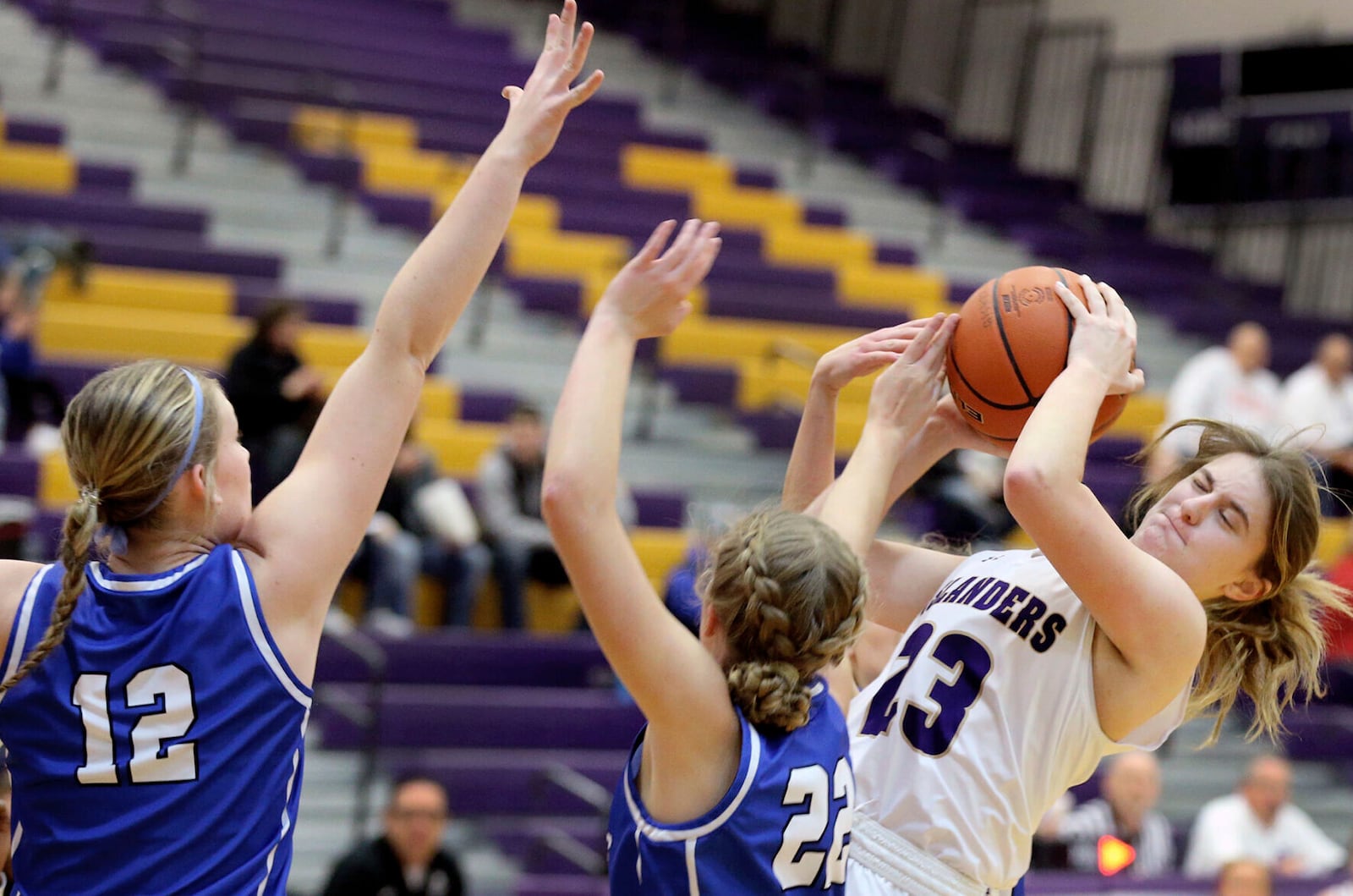 Grand Island High School's Hailey Kenkel (23) tries to shoot during a girls high school basketball game, Jan 4, 2024, in Grand Island, Neb. (Josh Salmon/The Independent via AP)